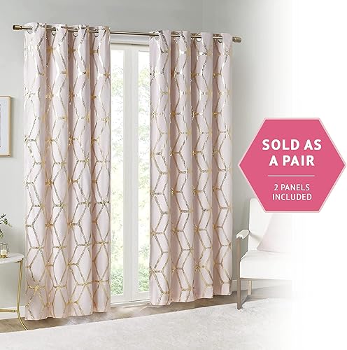 Miniatura 2 de Comfort Spaces Vivian - Par de cortinas opacas para ventana, diseño geométrico metálico, cortina de bloqueo de luz con aislamiento térmico para