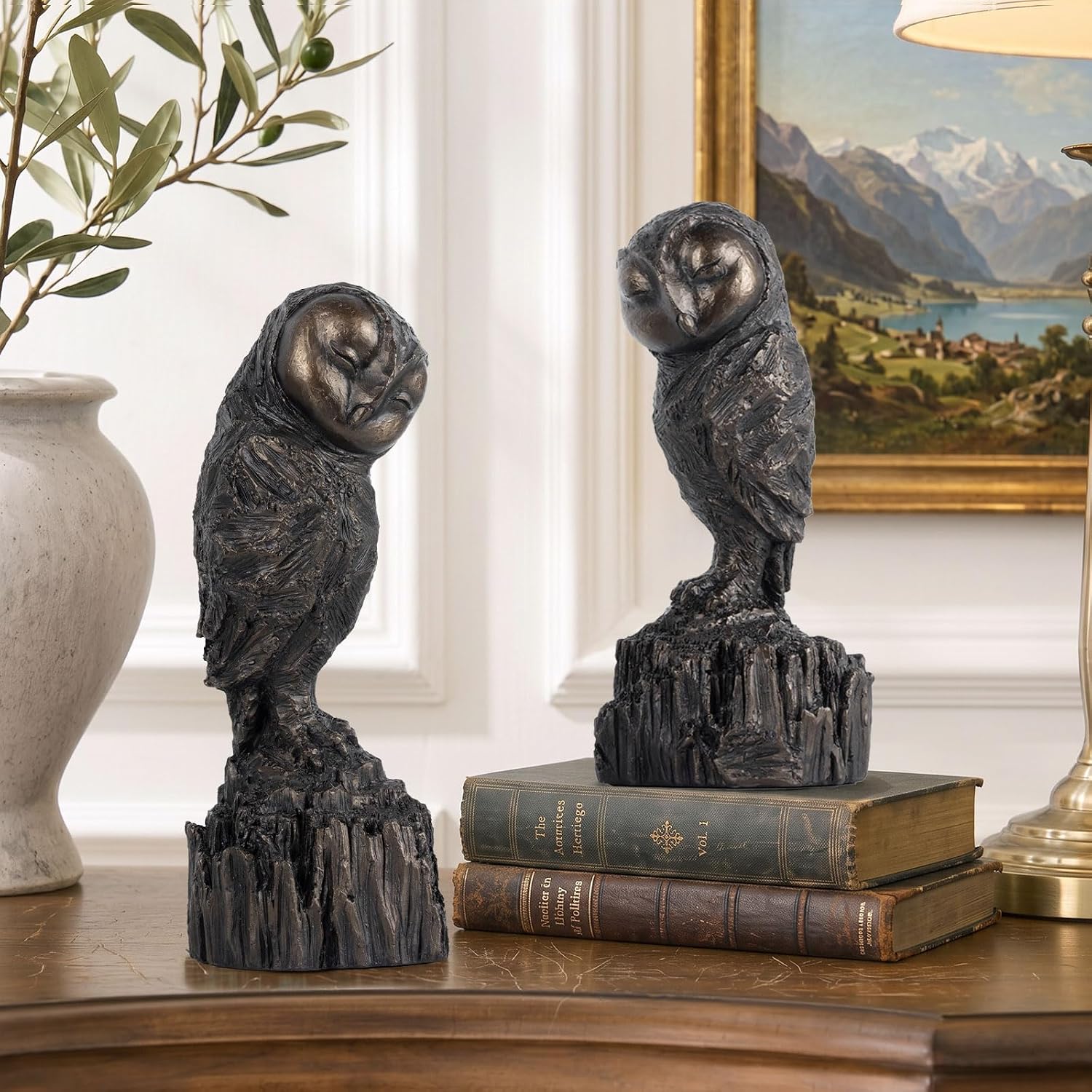 Owl Bookends Resin Mother and Baby Owl Bookends Decorative Heavy Duty Book Ends for Shelves Non-Slip Book Stoppers Home Office Decor Gift Idea (Carbon Brown)