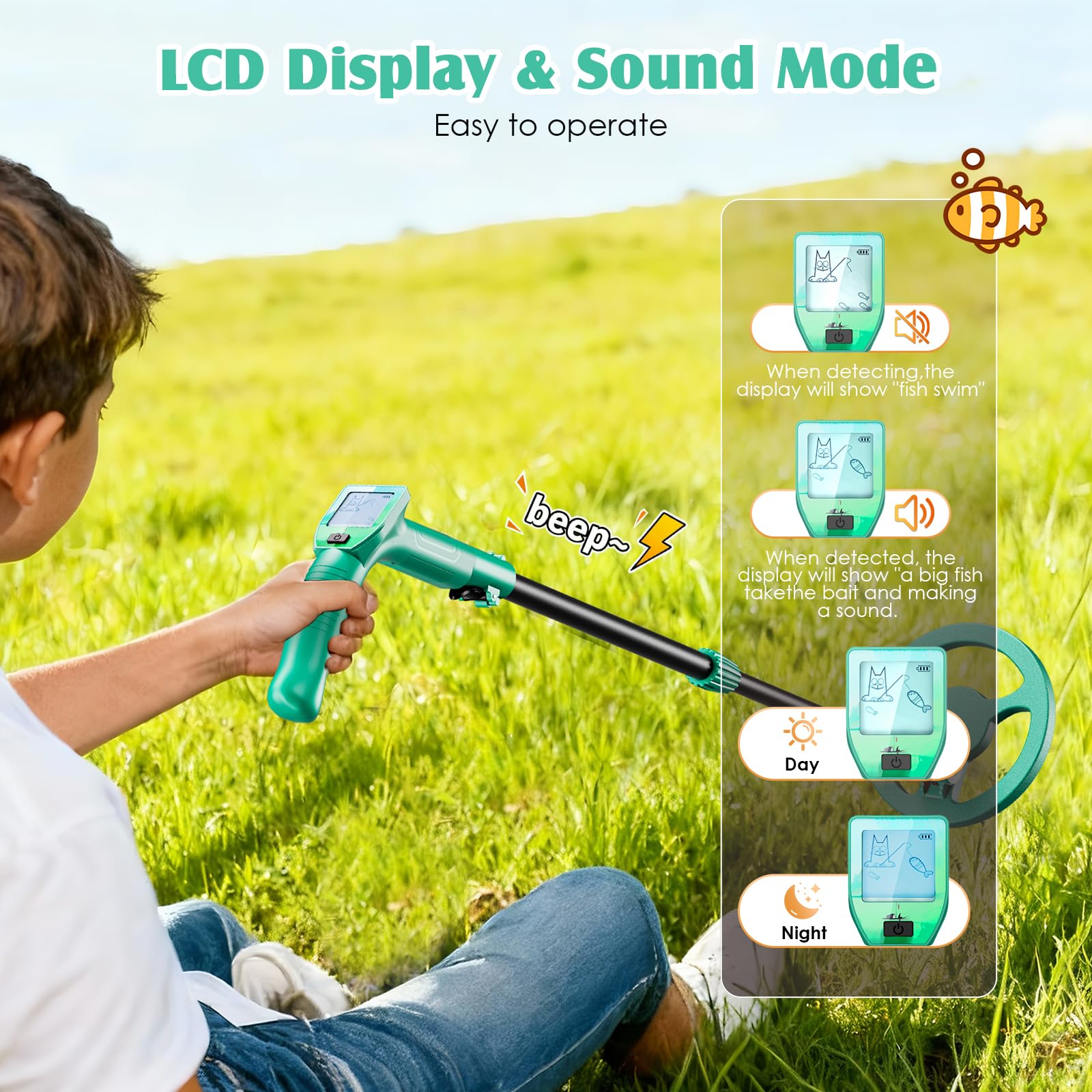 Metal Detector Bambini, Metal Detector per Bambino Leggero con Asta Regolabile 66-83 cm, Display LCD e Bobina di Ricerca Impermeabile, Pala, Rastrello, Setaccio e Borsa, Verde
