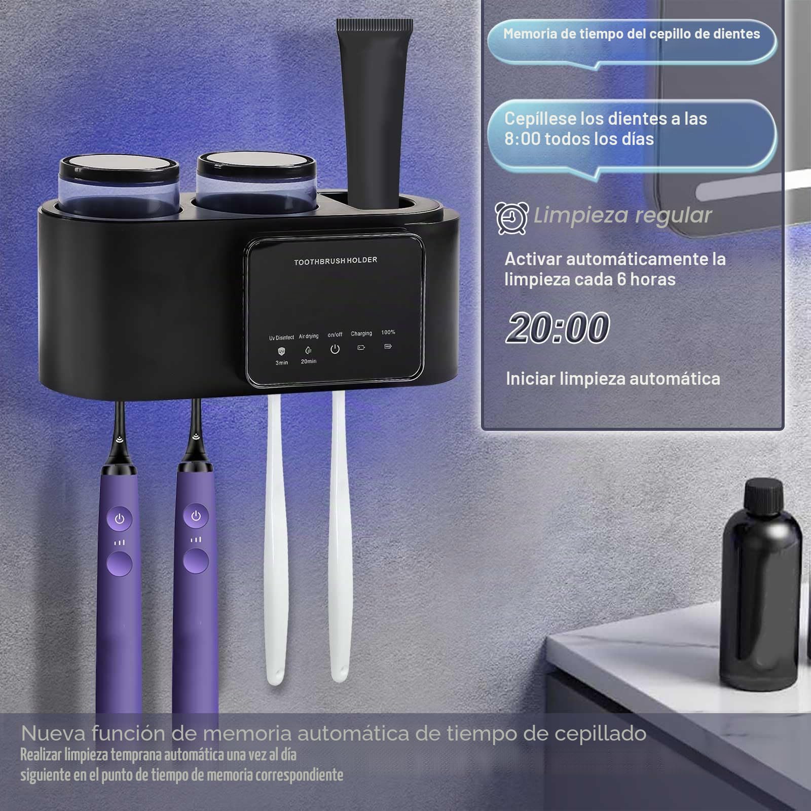 Desinfectante para Cepillo de Dientes UV para 4 Cepillos de Dientes, Esterilizador para Cepillo de Dientes Recargable por USB, Función de Temporizador Soporte Cepillos de Dientes para Baño