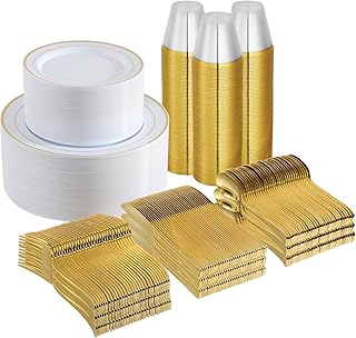 600 Piece Gold Dinnerware Set 100 Guests, Disposable Gold Rim Plates, 100 Dinner Plastic Plates, 100 Salad Gold Plates, 100 Gold Plastic Silverware, 100 Gold Plastic Cups Wedding Birthday Parties