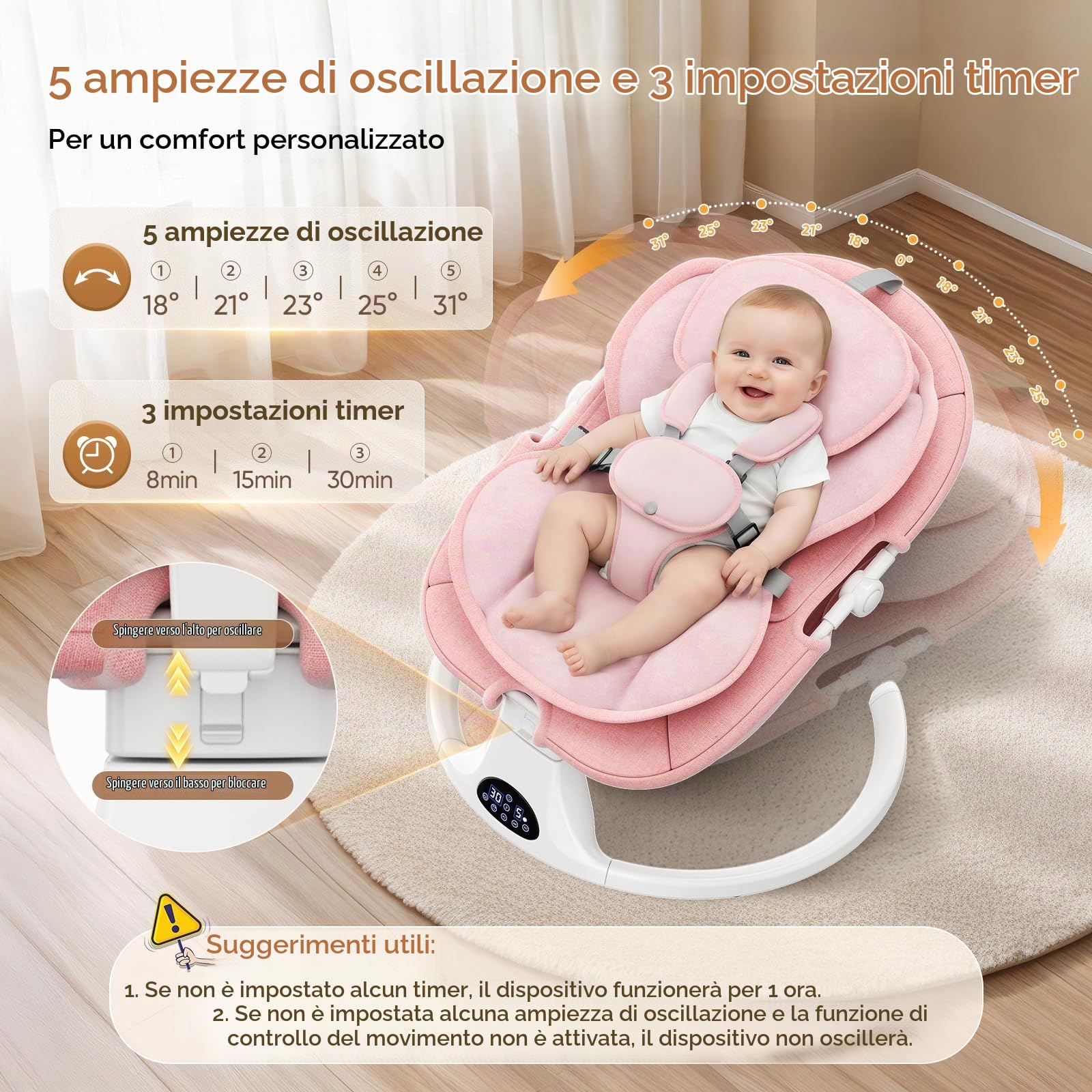 Sdraietta Neonati Elettrica 0-6 Mesi, Cintura di Sicurezza a 5 Punti, 5 Velocità, Timer a 3 Livelli, Dondolo Elettrico con Pannello Touch, Telecomando e Musica Per Interno & Esterno(Rosa)