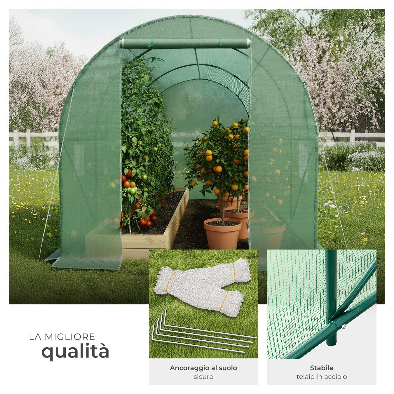 tectake® Serra da Giardino in Acciaio e PVC, Politunnel con 6 Finestre e Zanzariera, Casetta per Coltivazione Orto e Fiori, Serra per Piante, Resistente al Gelo - Verde- 343x200x200 cm - 7 m²