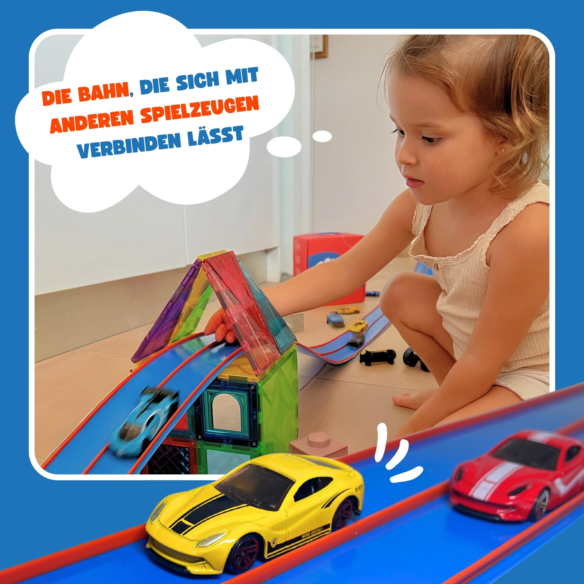 Roll&Race Flexible Autorennbahn 400cm - Made IN EU - Aufrollbare Rennstrecke Kinder - Kompatibel mit Spielzeugautos - Auto Rennbahn mit Transportkoffer - Gummistrecke