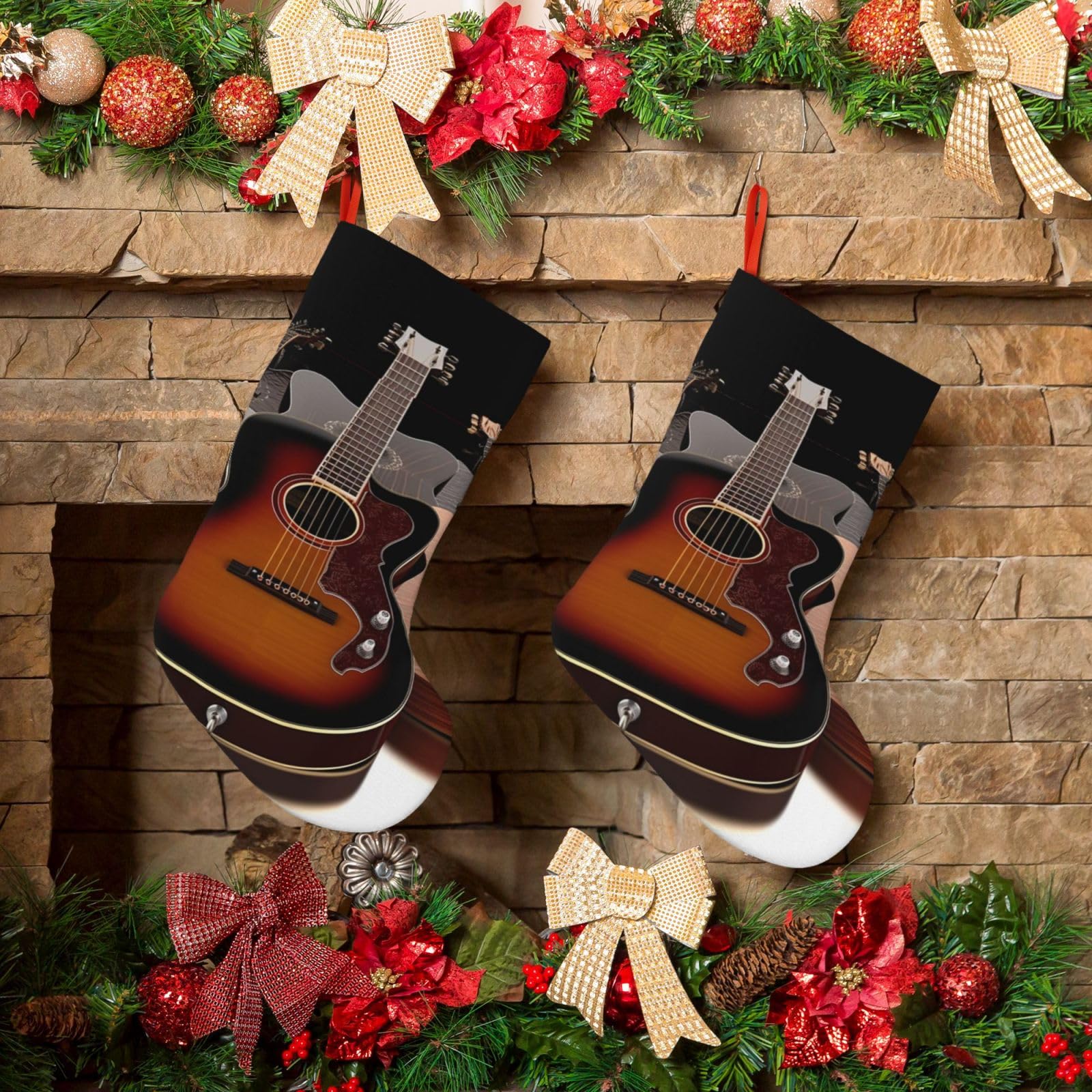 Guitar Christmas Stockings 18 Inches Velvet Xmas Fireplace Hanging Stocking Rustic Christmas Santa Stockings for Home Christmas Decorations Party Favor Supplies
