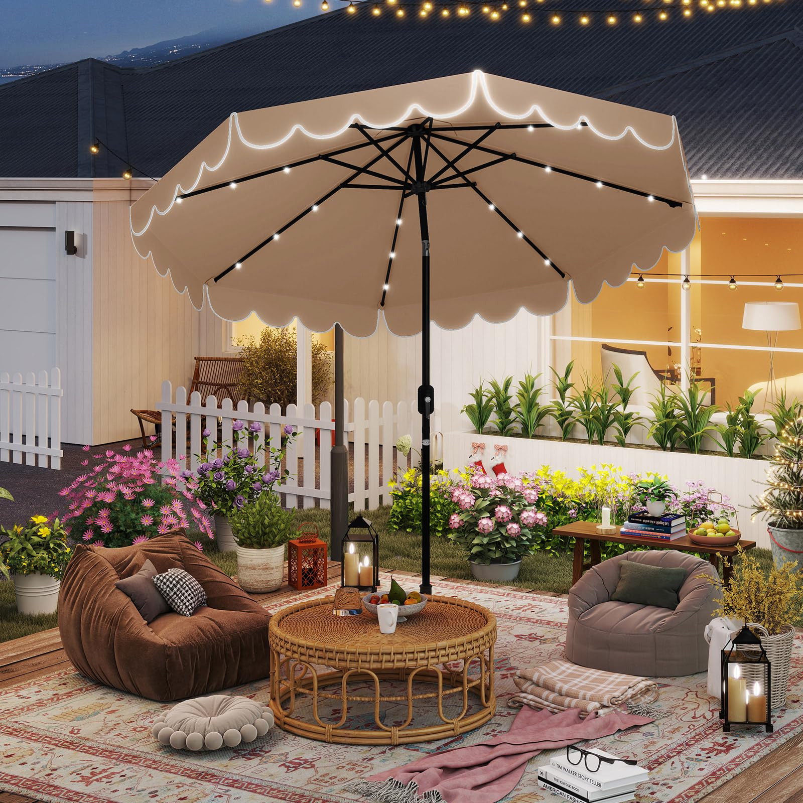 KOMFOTTEU Ombrellone da Giardino Ø 300 cm con 24 Luci a LED, Apertura a Manovella, Inclinazione Regolabile a 35°, Ombrellone da Esterno per Terrazza, Spiaggia, Balcone, Anti UV, Senza Base