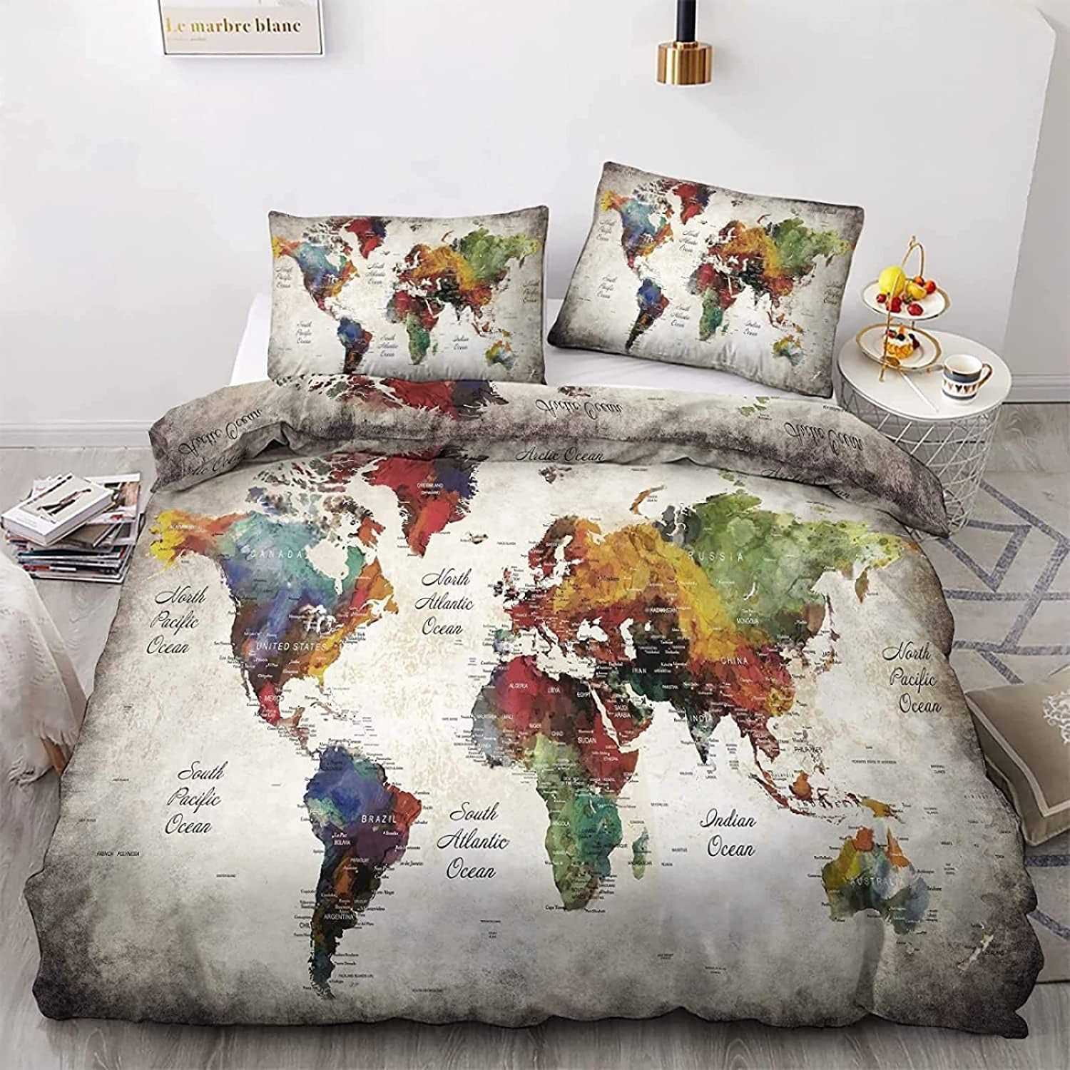 NUEYSP King Size Duvet Cover Sets Map Bedding for Kids Aldult Duvet Cover with Zipper Closure Hypoallergenic Microfiber Quilt Cover 94.5"x 86.6" + 2 Pillowcases 19.7"x 29.5"
