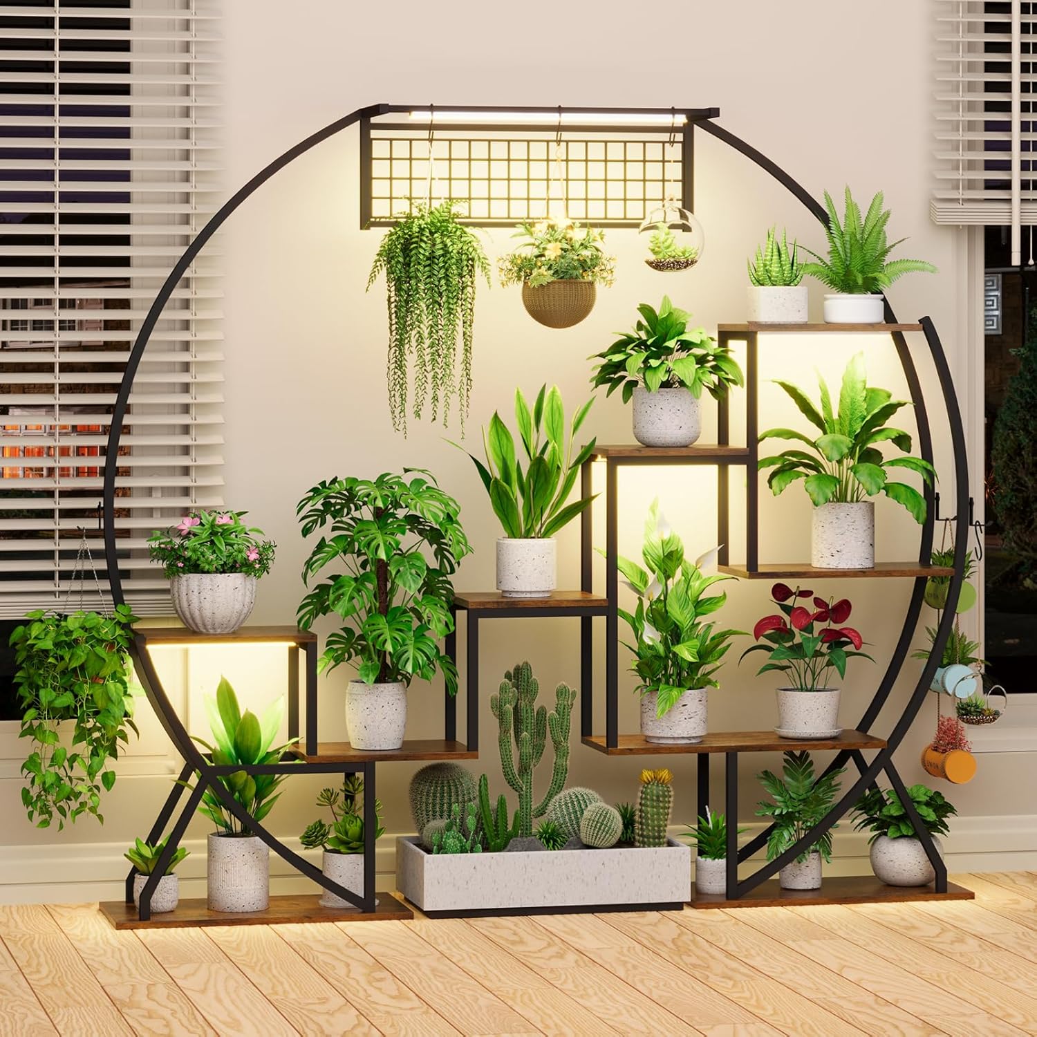 Plant Stand Indoor with Grow Lights - 65" Large Plant Shelf, 7 Tiered Tall Plant Stands Indoor, Round Plant Stand Display Shelf for Indoor Plants Multiple, Hanging Flower Rack for Living Room, Patio