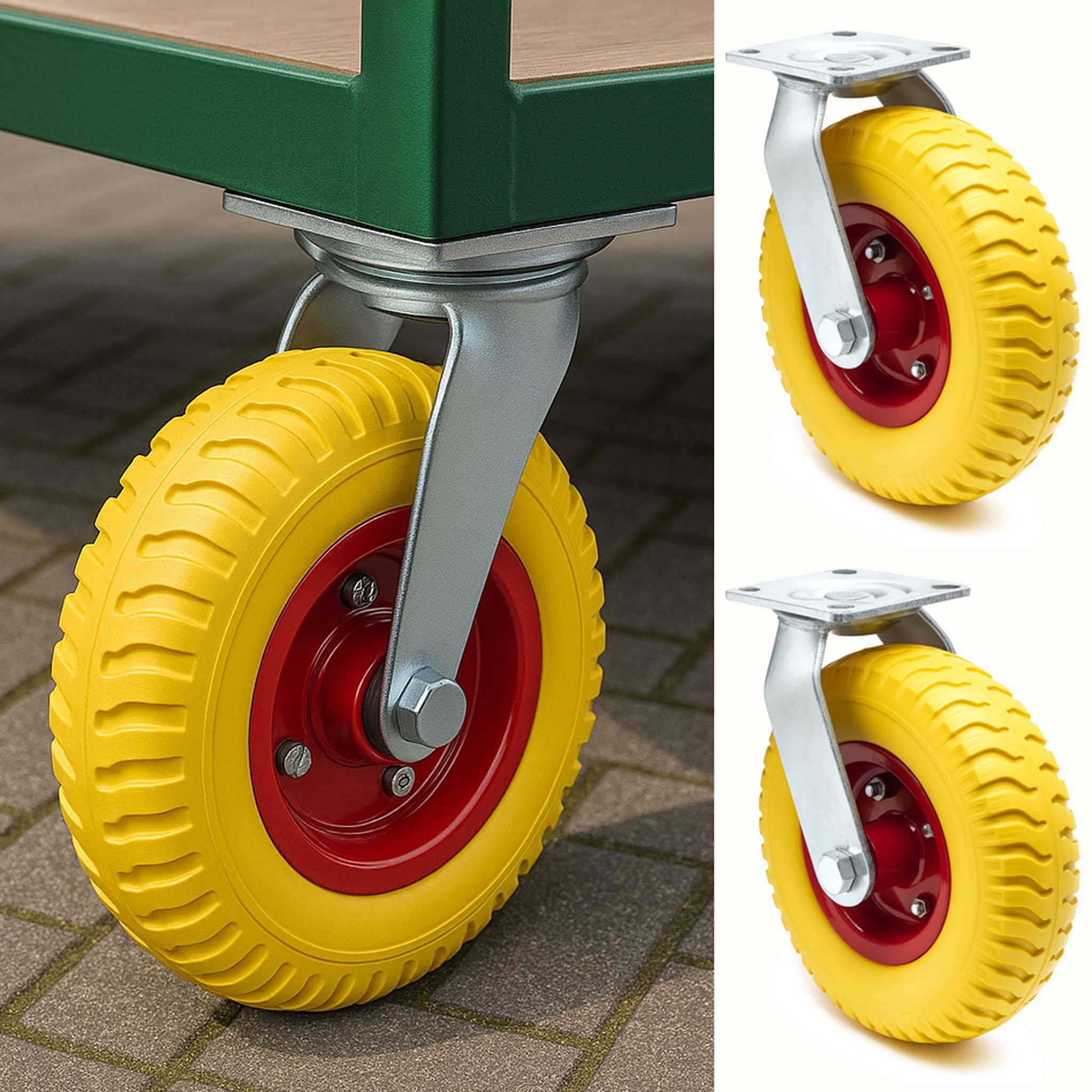 Wiltec Zestaw 2 szt. koła obrotowe PU do 100 kg udźwigu, ø220 mm o szerokości 58 mm, żółte kółka transportowe z płytką mocowania, pełna opona