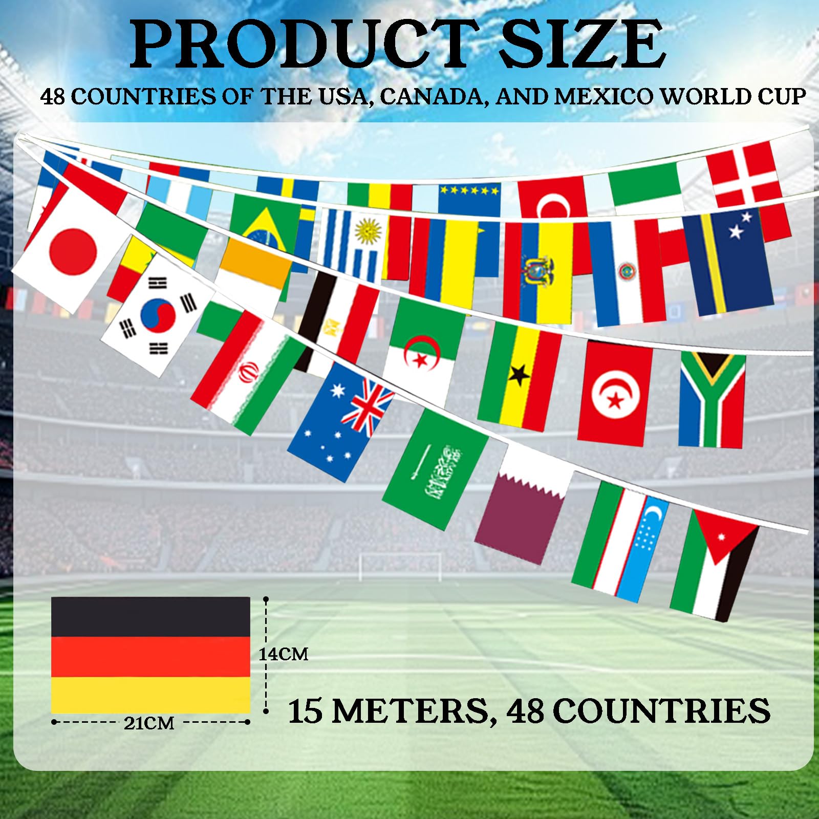 Guirnalda de Banderas del Mundial 2026 15m 48 Selecciones Decoración para Fiestas de Fútbol