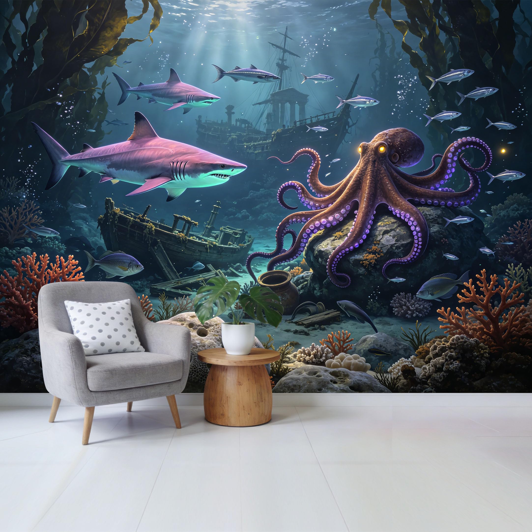 Custom Size Wall Mural Ocean Marine Underwater Octopus Shark Shipwreck Coral Reef Removable Self Adhesive Fabric Home Wall Decor for Living Room Bedroom Bathroom