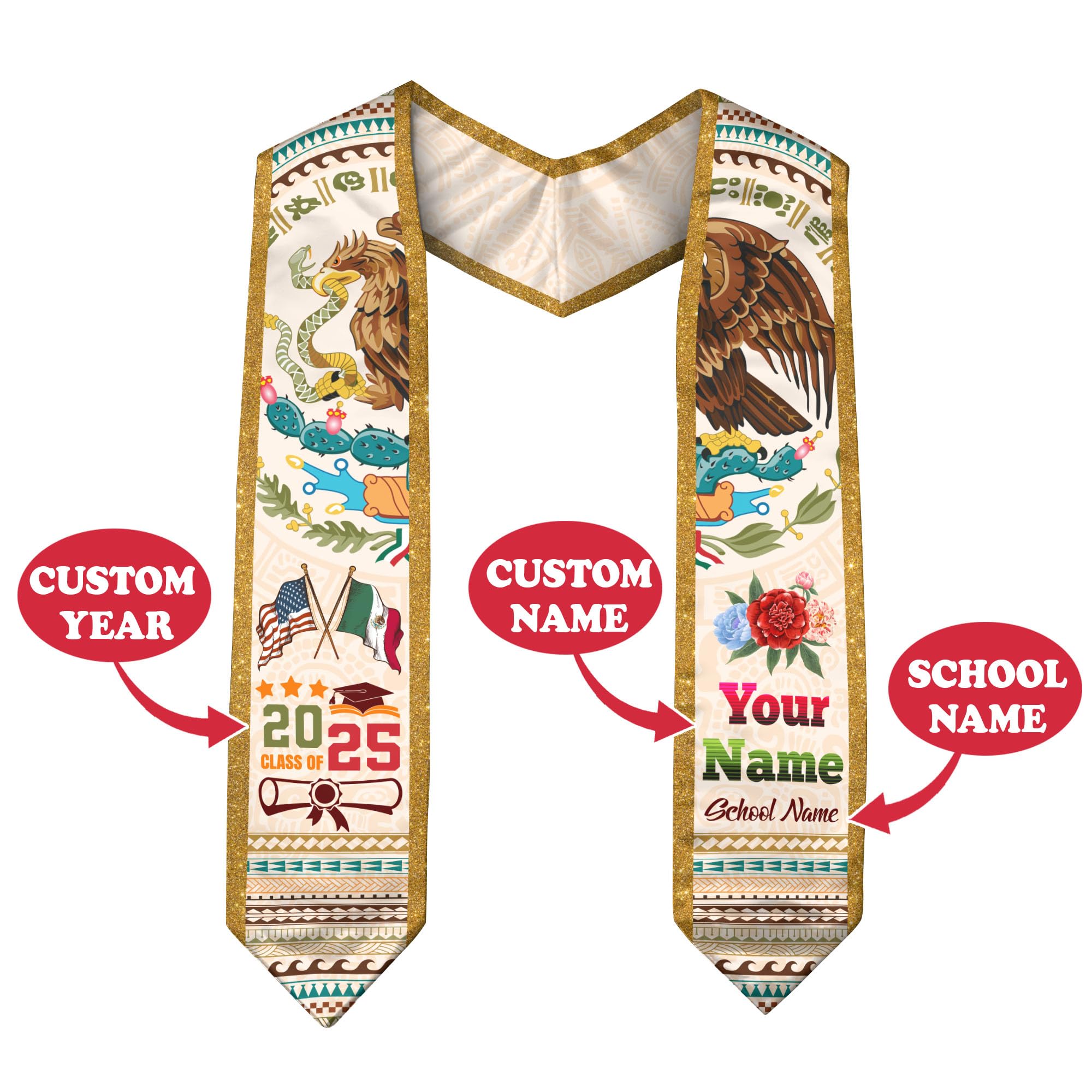 Mexican Graduation Sash 2025, Mexico Graduation Stole Customize, Custom Mexican American Flag Graduation Sash 2025 7