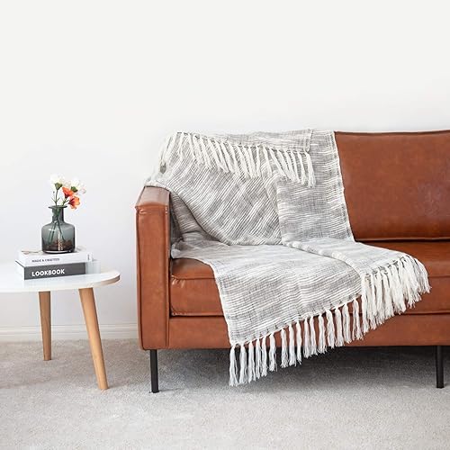 Miniatura 3 de Manta decorativa moderna con flecos para sofá y sofá, 50 x 60 pulgadas, textura elevada, gris oscuro y blanco