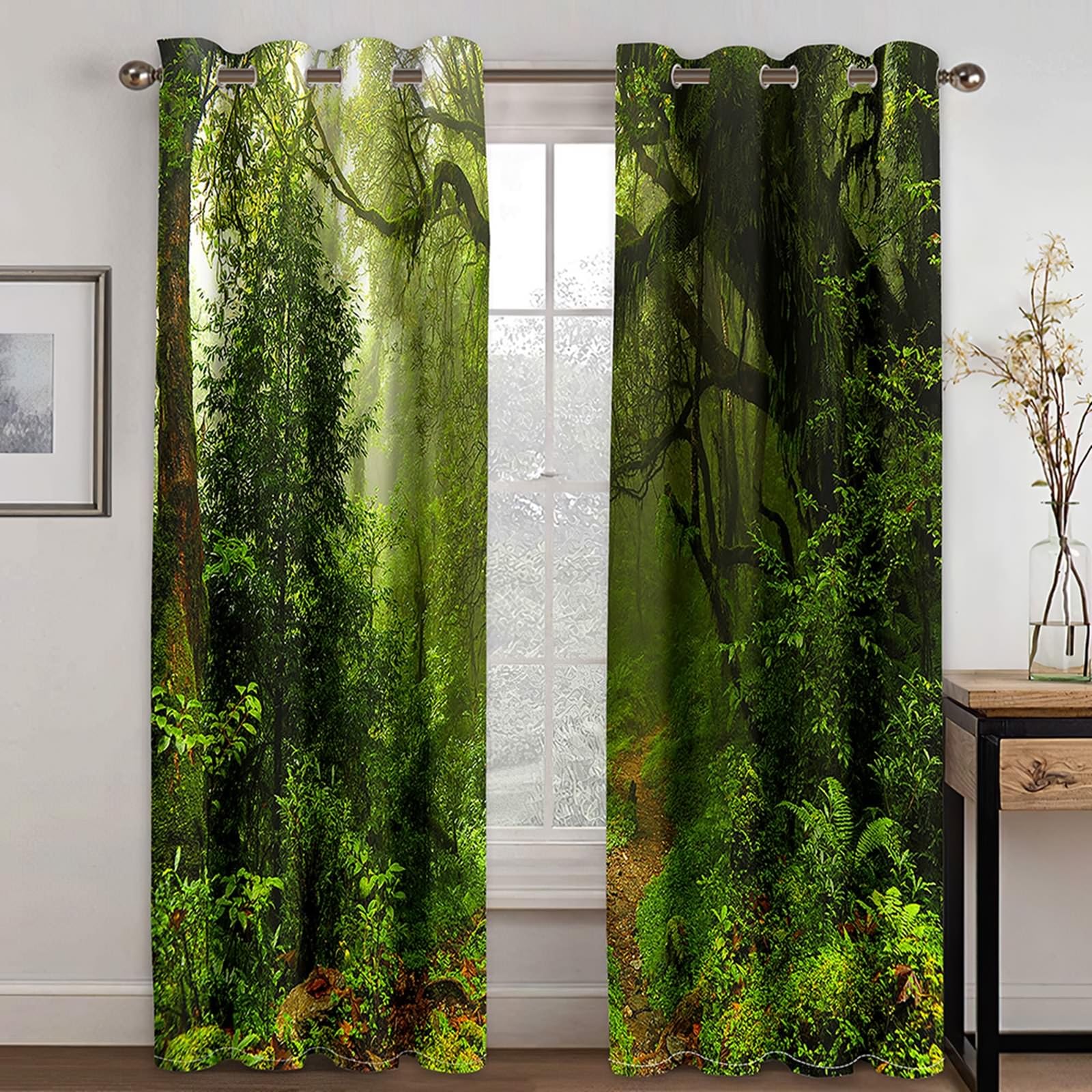 Gualiy Vorhänge mit Ösen 2er Set Thermo, Gardinen Grün 107x183 Grün Baum Natur Landschaft Fenstervorhang Blickdicht