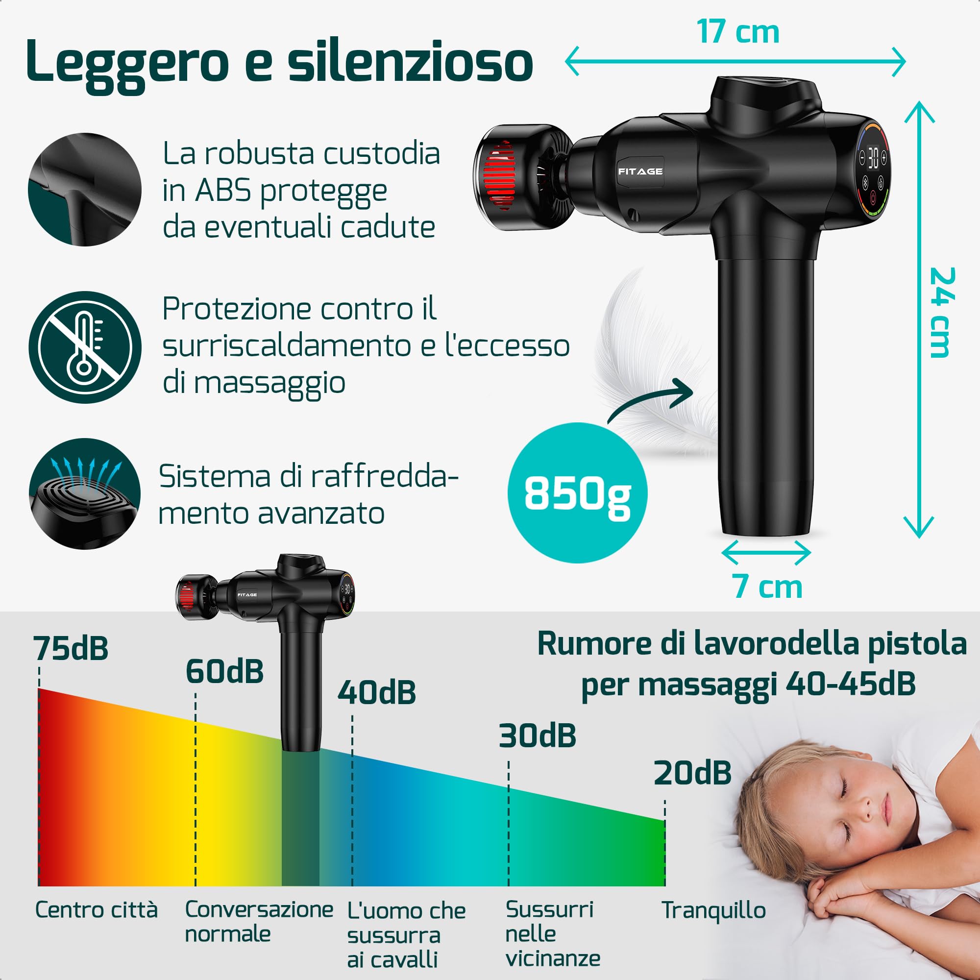 FITAGE Pistola Massaggio Muscolare, Massaggiatore Silenzioso con 30 Livelli di Velocità Regolabili Pistola Massaggiante, 8 Attacchi per Diversi Gruppi Muscolari - Premio