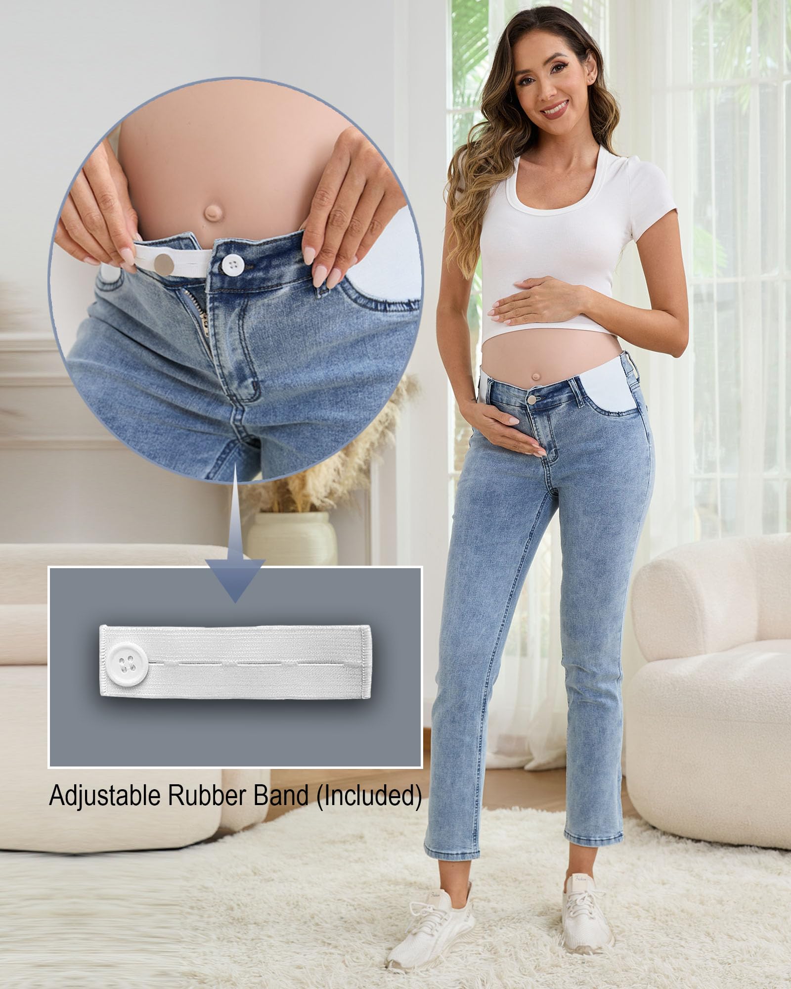 JIMYICLR Jeans premaman da donna, comodi, elasticizzati, slim per gravidanza, a vita media, sotto la pancia, pantaloni per gravidanza con tasche