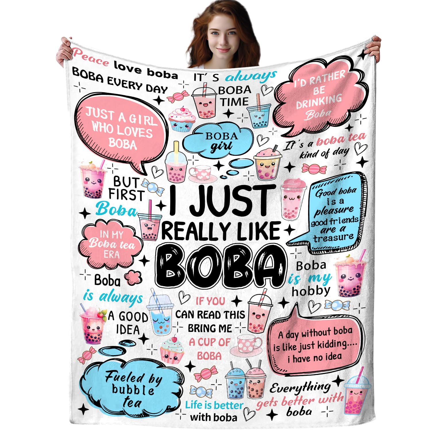 ZABAOBO Boba Blanket Ice Milk Tea Gifts for Kids Girls, Cute Bubble Tea Stuff Cute Anime Throw Blankets, Boba Lovers Gift for Women Adults 130x150cm(50x60Inch)