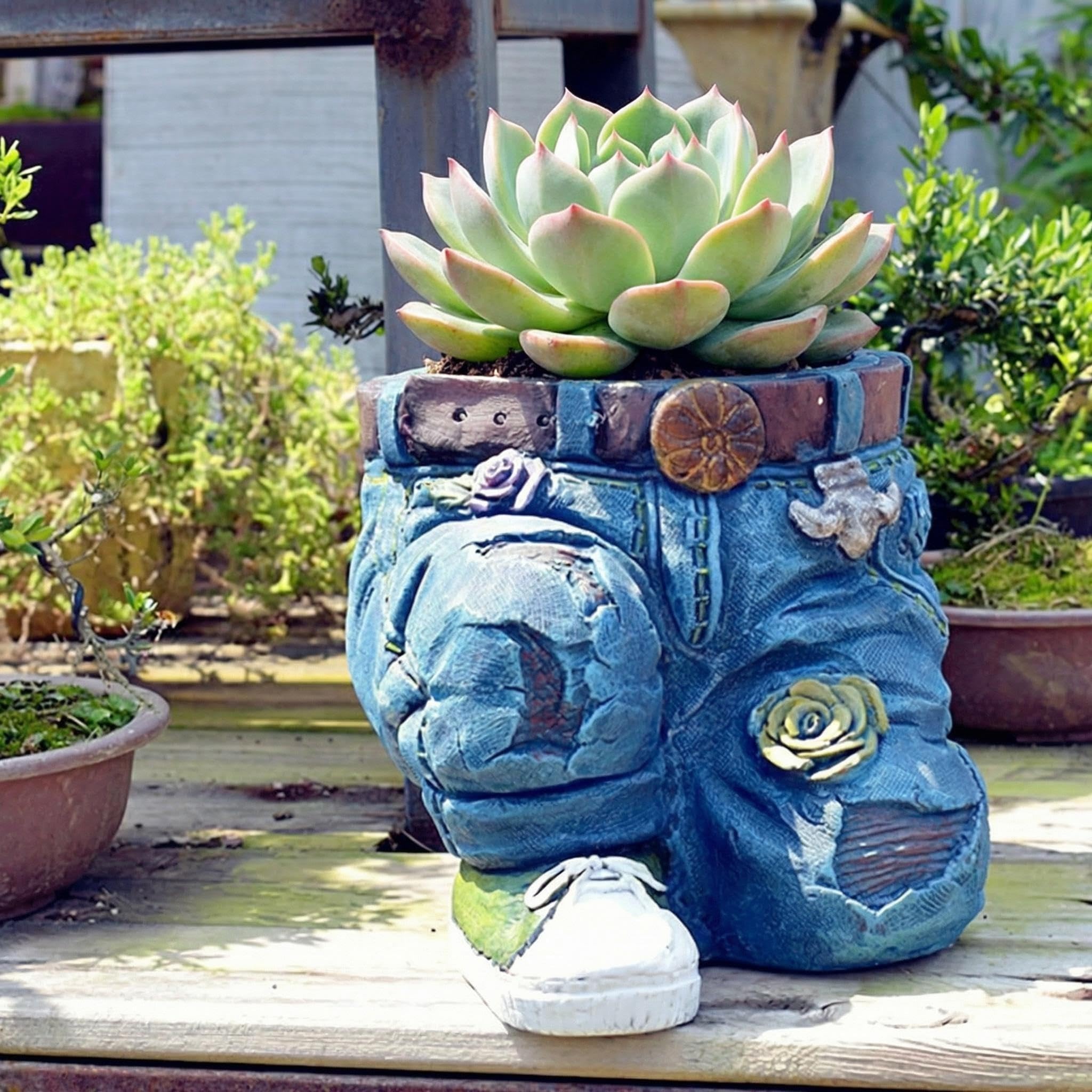 Denim Pants Resin Flower Pot, Creative Outdoor Indoor Planter, Cute Cowboy Jeans Decorative Garden Pot for Succulents, Unique Present for Home Lawn Yard Decor (Kneel Down)