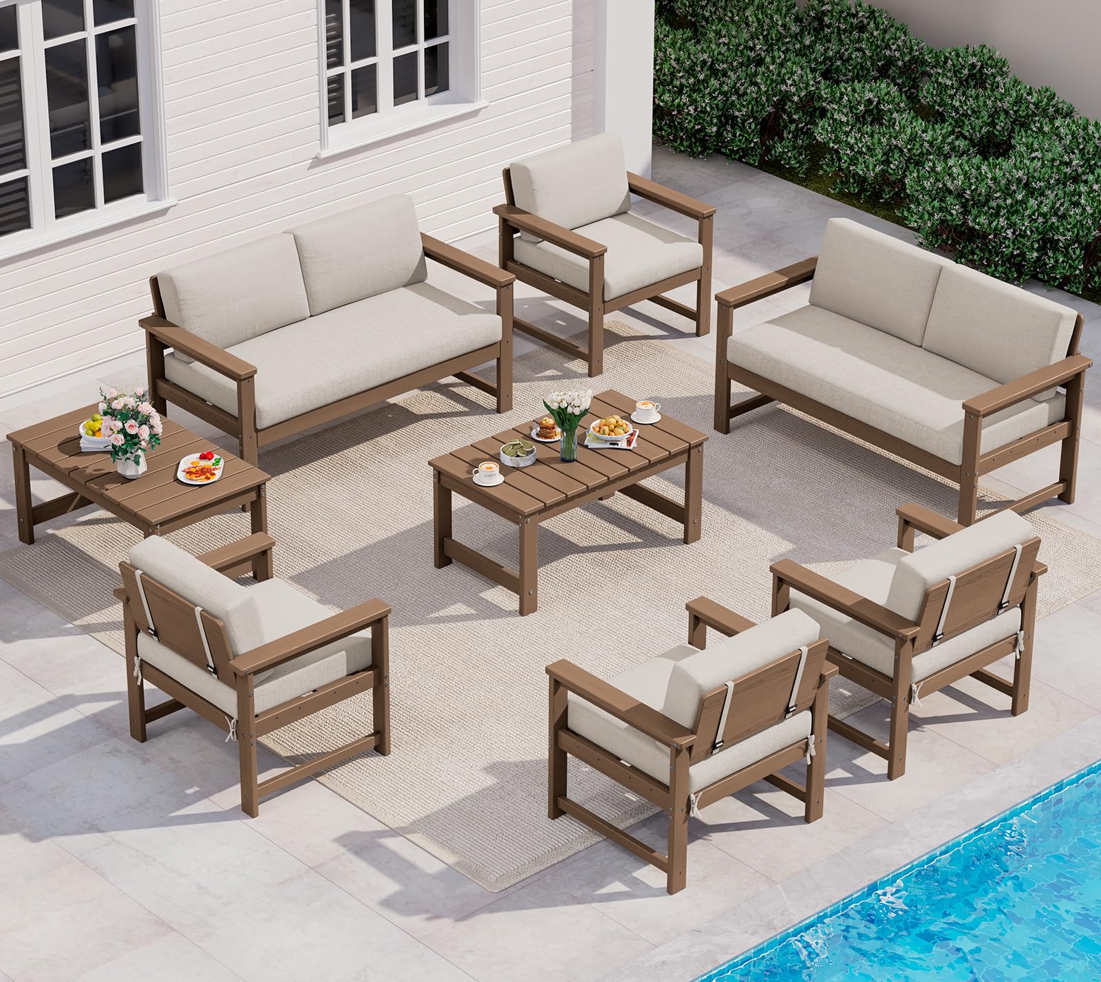 SERWALL 8 Pieces HDPE Outdoor Conversation Sofa Set with Cushion