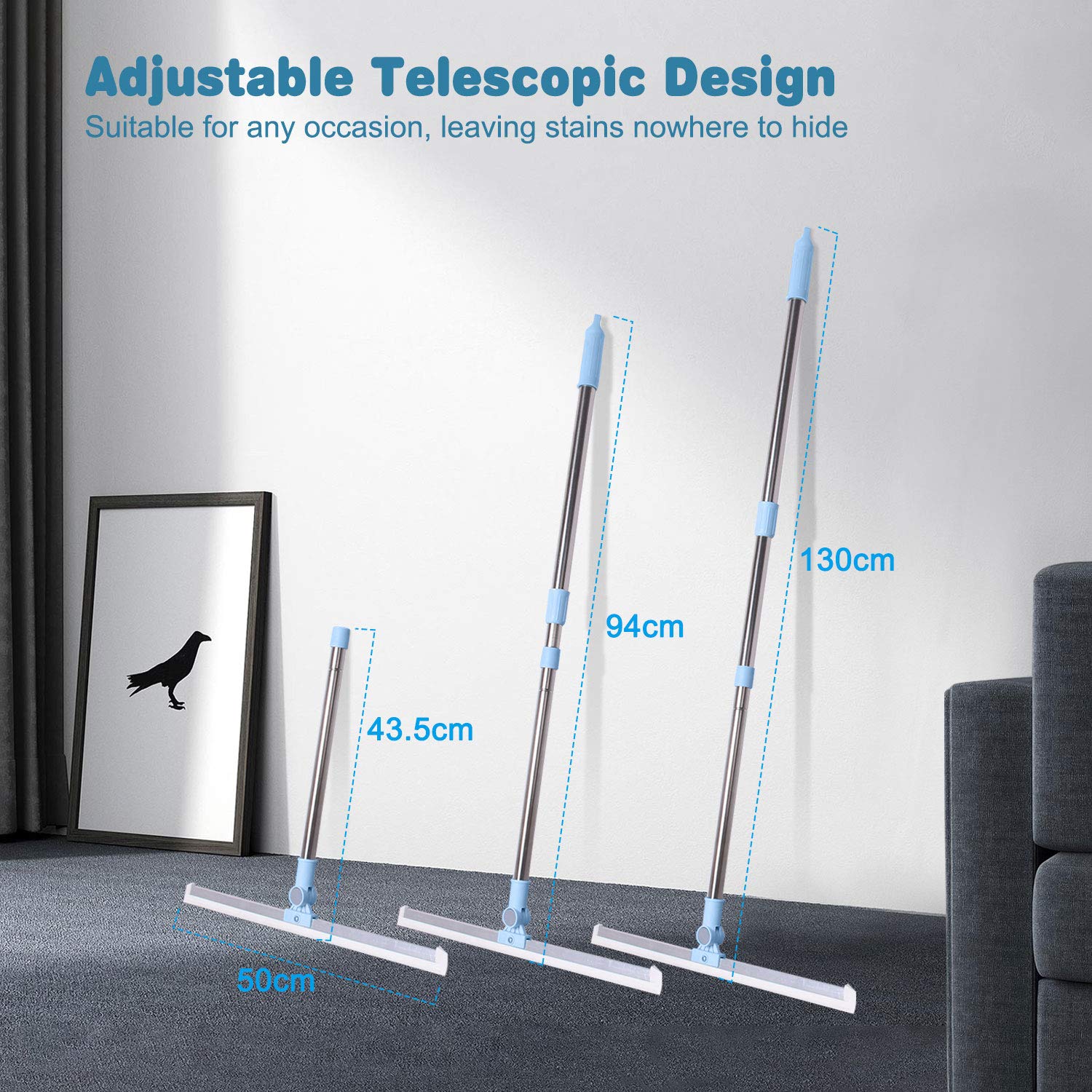 Escobilla de Goma de 50 cm Pare Suelo, Escoba de Goma con Mango 130cm Ajustable, Enjugador de Ducha de Alta Resistencia para Cuartos Húmedos, Azulejos, Baño, Suelos, Ventanas