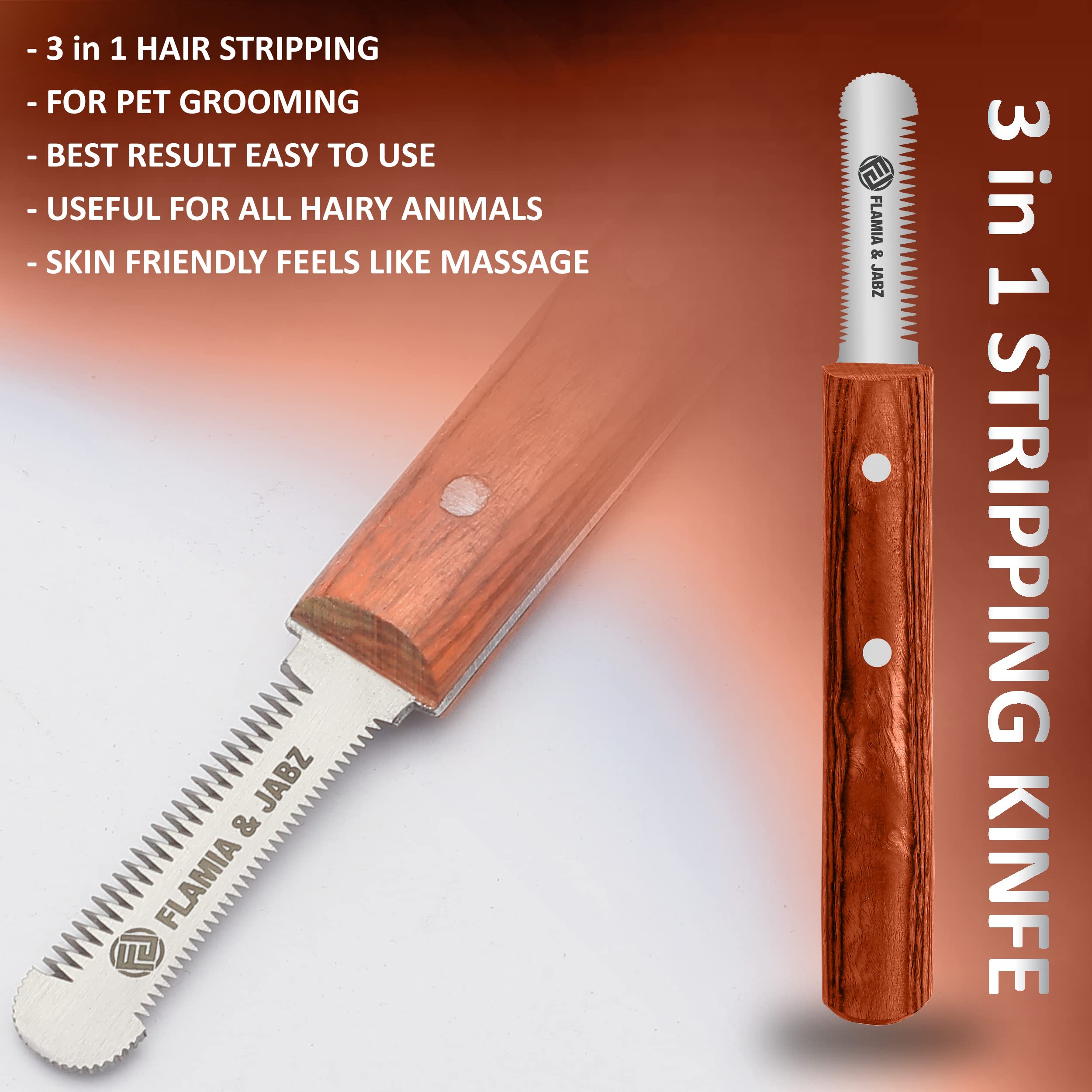 FLAMIA & JABZ Kit spelafili professionale (set da 6 pezzi) per cani e animali domestici, manico in legno con lama in acciaio inox (destrorsi) (arancione)