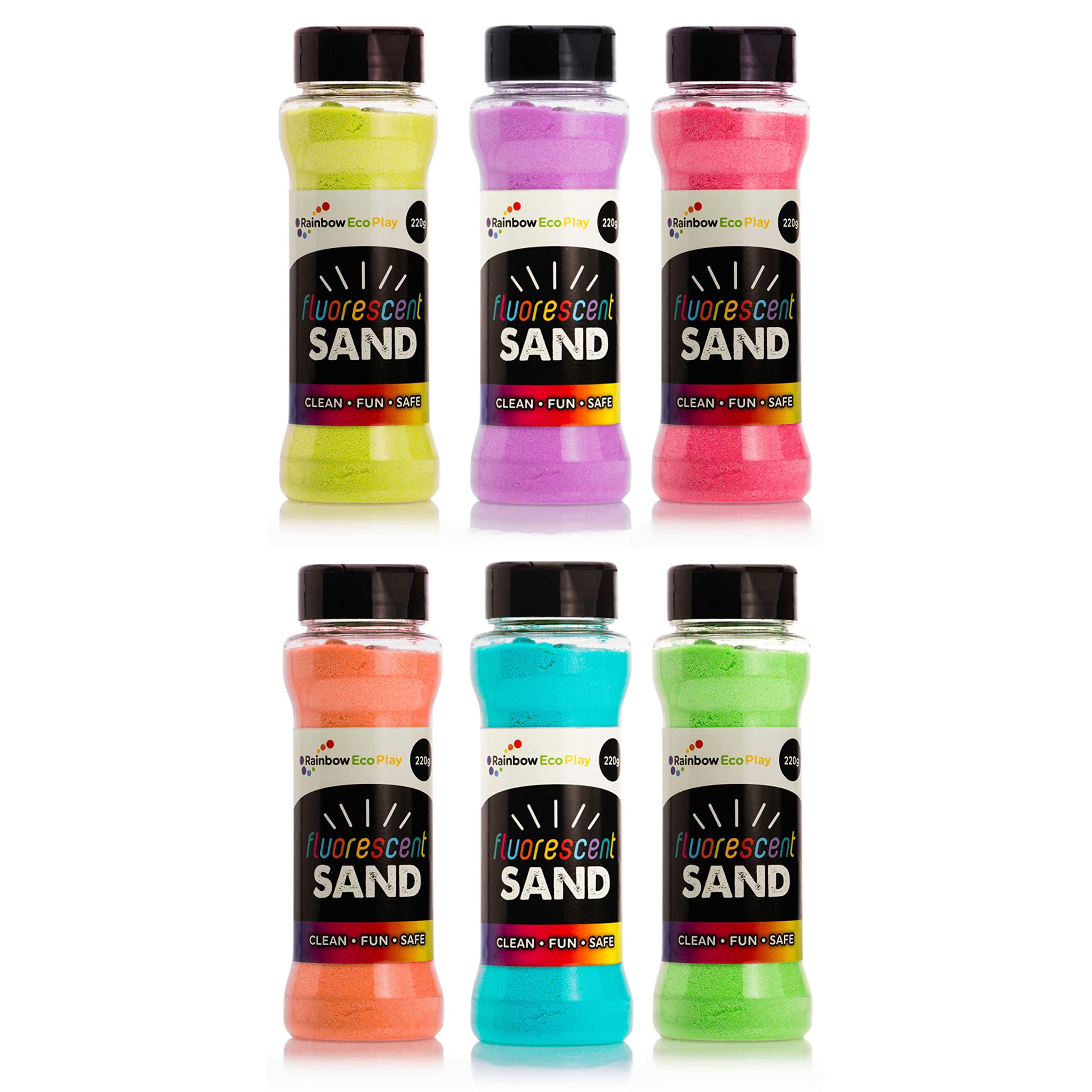 Rainbow Eco Play - Fluorescent Coloured Sand Shakers - 6x220g - Play Sand for Kids - Art Kits - Childrens Craft Sand Shakers - Clean, Fun & Safe
