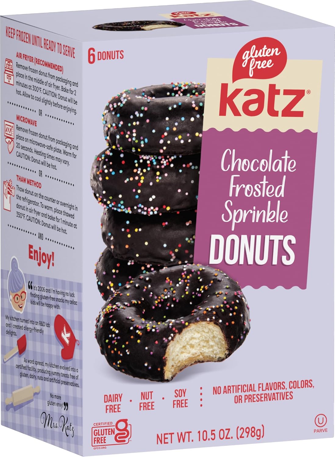 Katz Gluten Free Chocolate Frosted Sprinkle Donuts. No Artificial Color Free of Soy, Sesame, Dairy, and Nuts. Kosher 10.5oz (3pk)