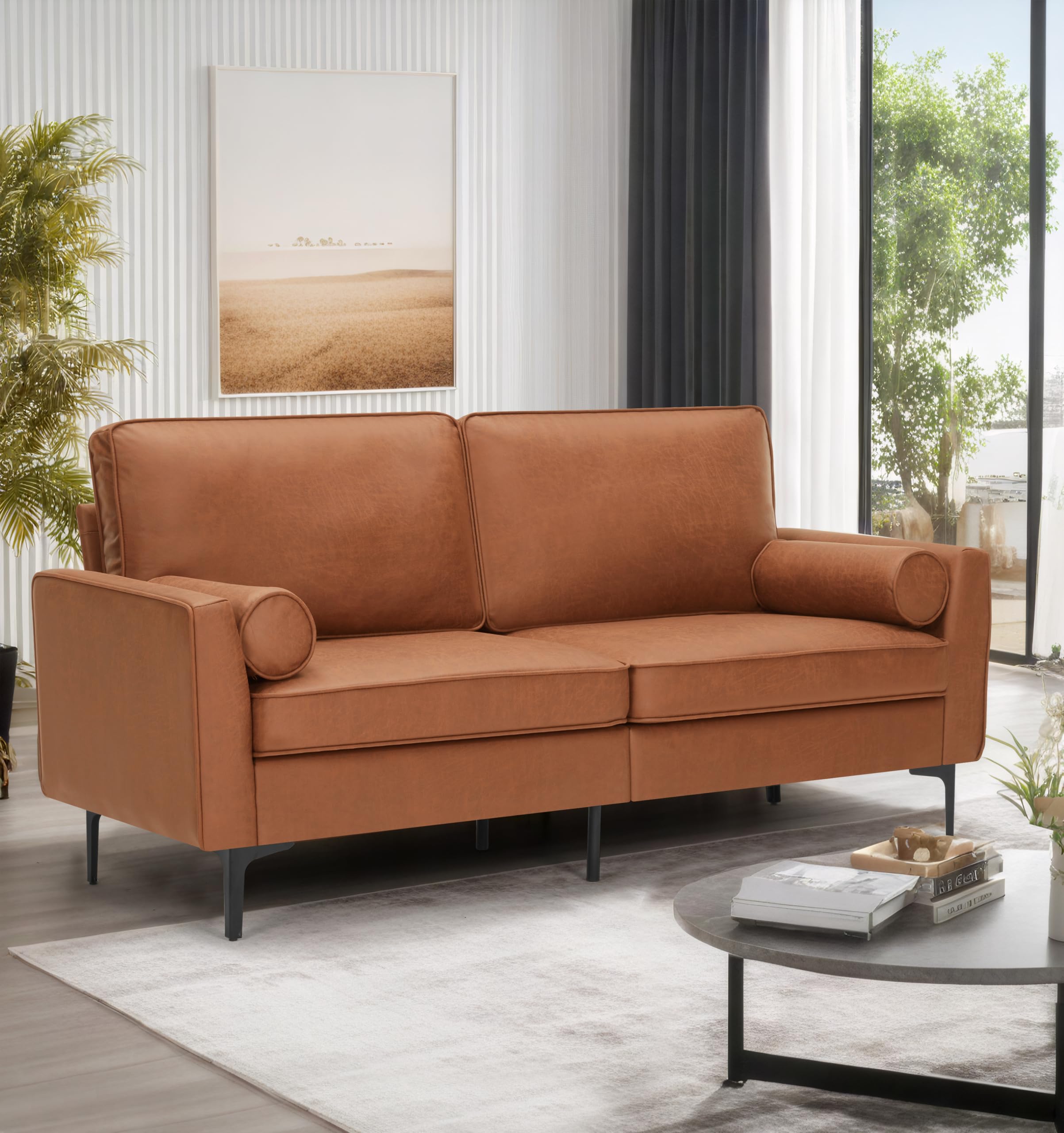 FEISHOMINOO 70" Loveseat Sofa, Mid Century Modern Faux Leather Couch with Hand-Sewn Deep Love Seat &2 Pillows,Office Couch for Small Space, Easy to