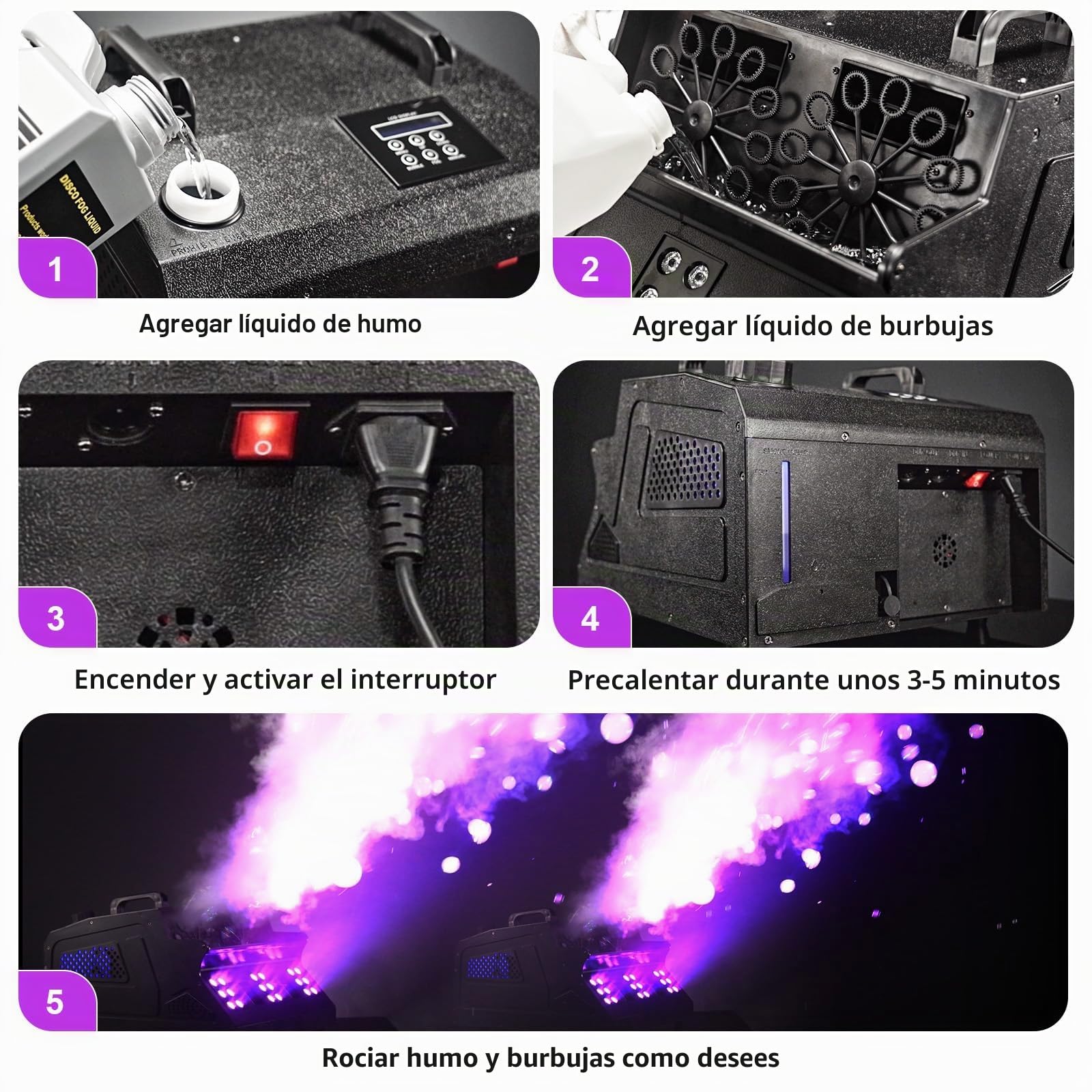 máquina de humo con burbujas, máquina de burbujas 1500W con 18 efectos RGB 3 en 1, mando a distancia con control DMX, adecuado para fiesta, DJ, Halloween, Navidad, boda