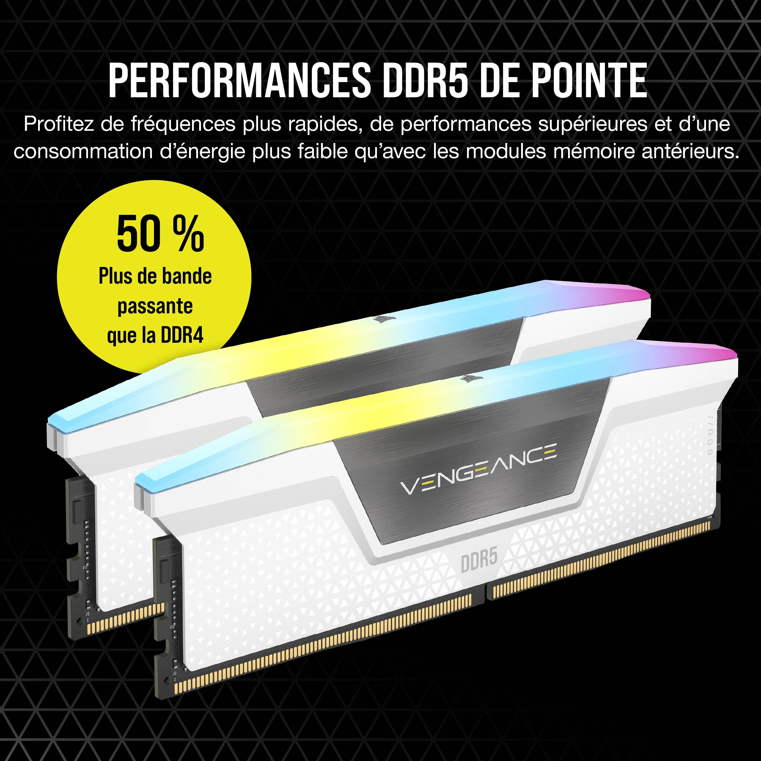 CORSAIR Vengeance RGB DDR5 RAM 32Go (2x16Go) Jusqu'à 6000MHz CL36 Intel XMP Mémoire Informatique Compatible iCUE - Blanc (CMH32GX5M2E6000C36W)