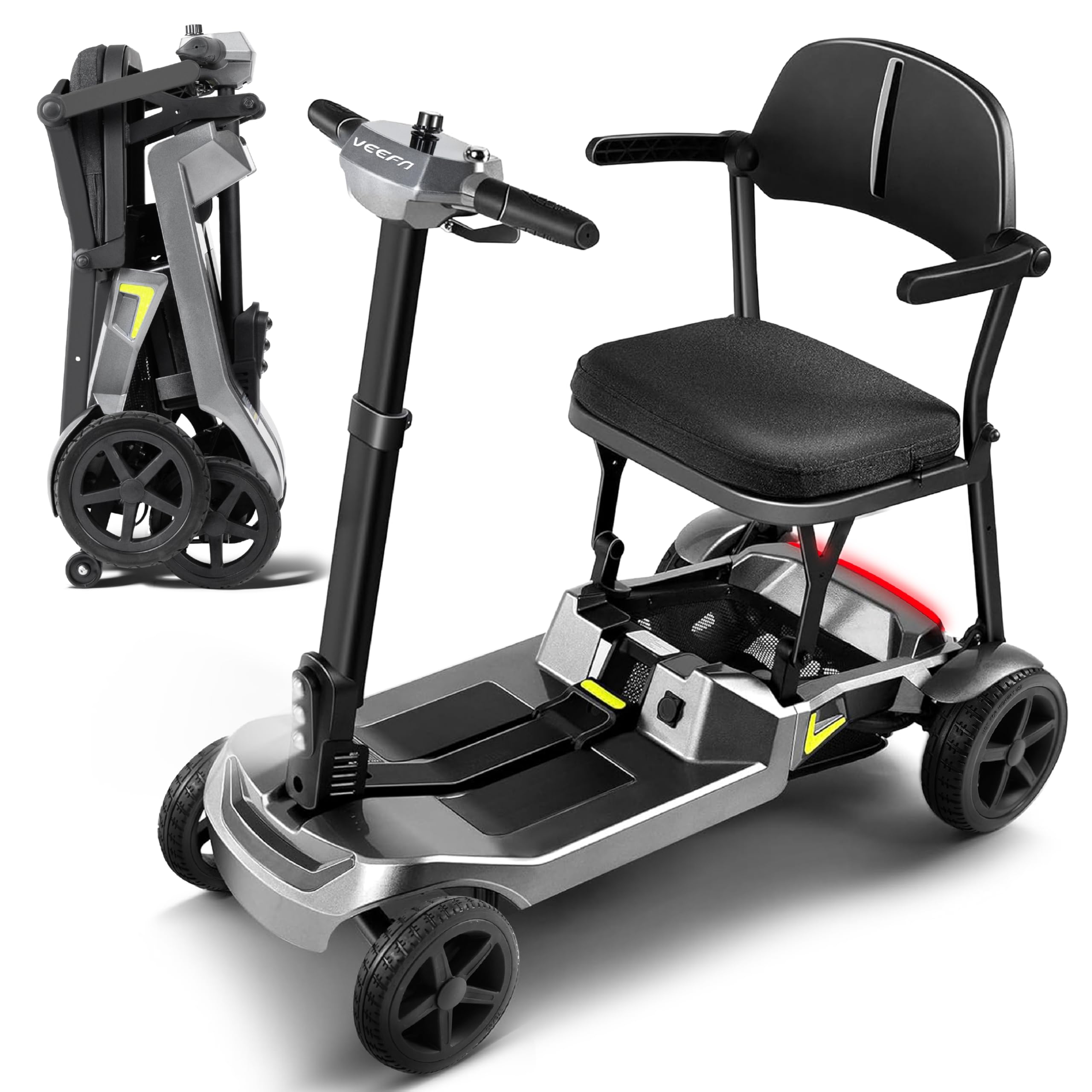 VEEFA Seniorenmobil 4 Rad, 17kg Leichtbau Doppelbatterie 36km Reichweite 8km/h, Elektromobil Aluminium für Auto/Flugzeug/Bahn, E Roller mit Sitz 122kg Tragkraft