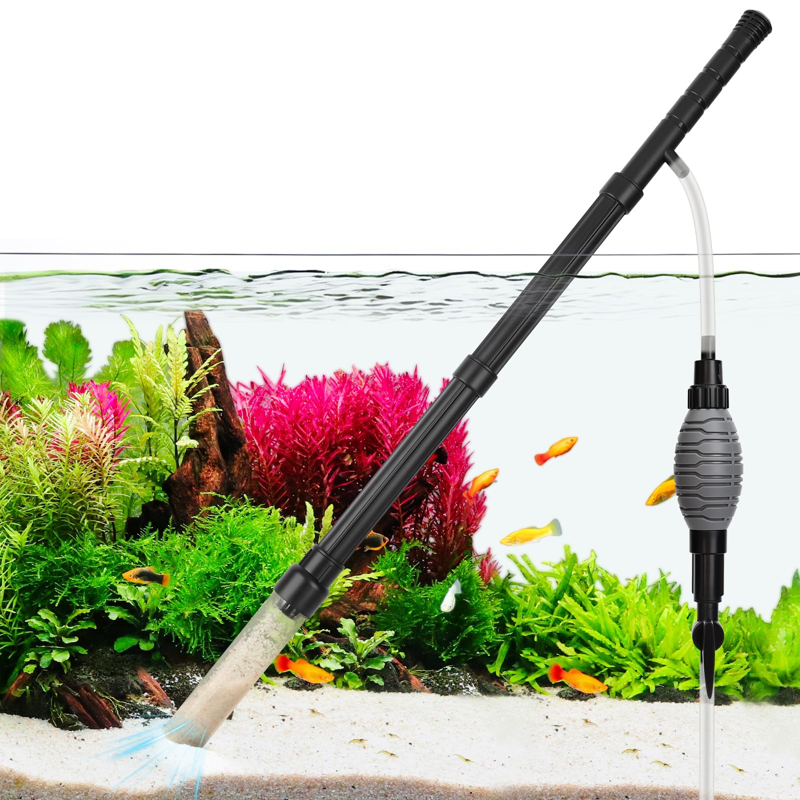 AQQA Gravel Vacuum for Aquarium Siphon - Adjustable Flow Fish Tank Cleaner | Manual Siphon Pump with Handle, Water Changer Sand Rock Suction Cleaner, Upgraded Hard Hose with Threaded Connection (Small)
