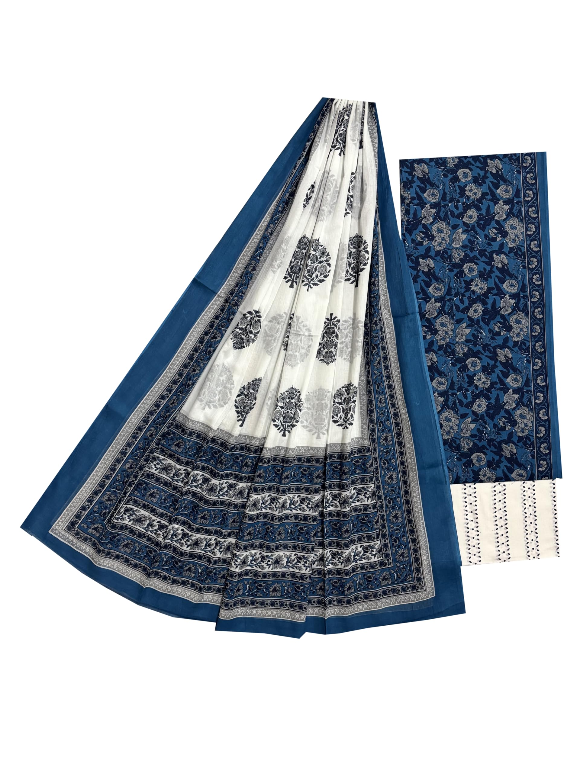 Dress Material suit set Mulmul kurta salwar Dupatta Unstitched Women Jaipuri Block Printed 125 (Blue4)-image-38