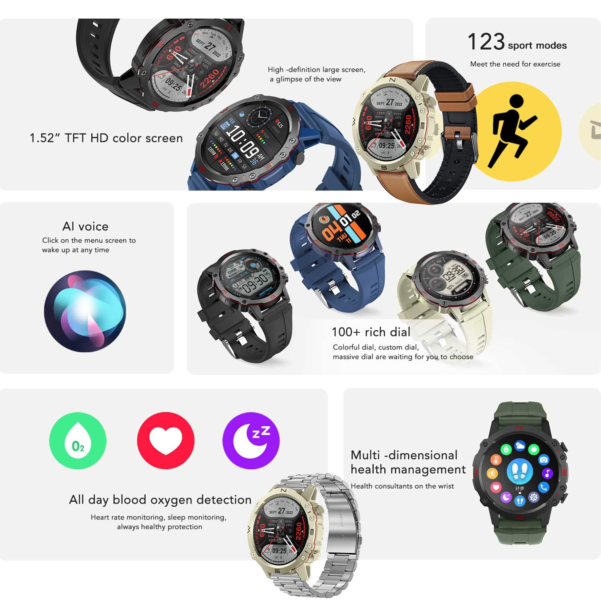 Reloj Inteligente Hombre con Llamada y Whatsapp, 1,52" AMOLED 5ATM Impermeable Reloj Smartwatch 123 Deportivo Hombre con Monitor Sueño, Oxígeno Sanguíneo, Podómetro, Pulsómetro Android iOS (Plata)