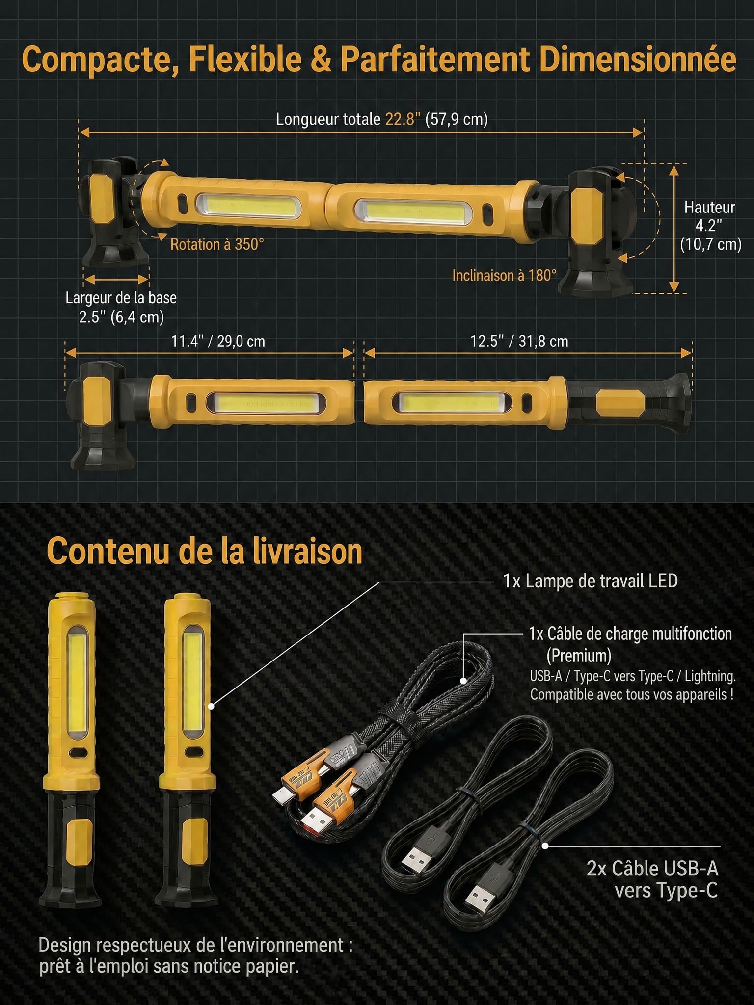 3000LM Baladeuse LED Mecanicien, 5200mAh Lampe de Travail avec Batterie Externe, 2-en-1 Séparable, Aimant, Crochet, IP54 SOS, Réparation Auto (Jaune vif)
