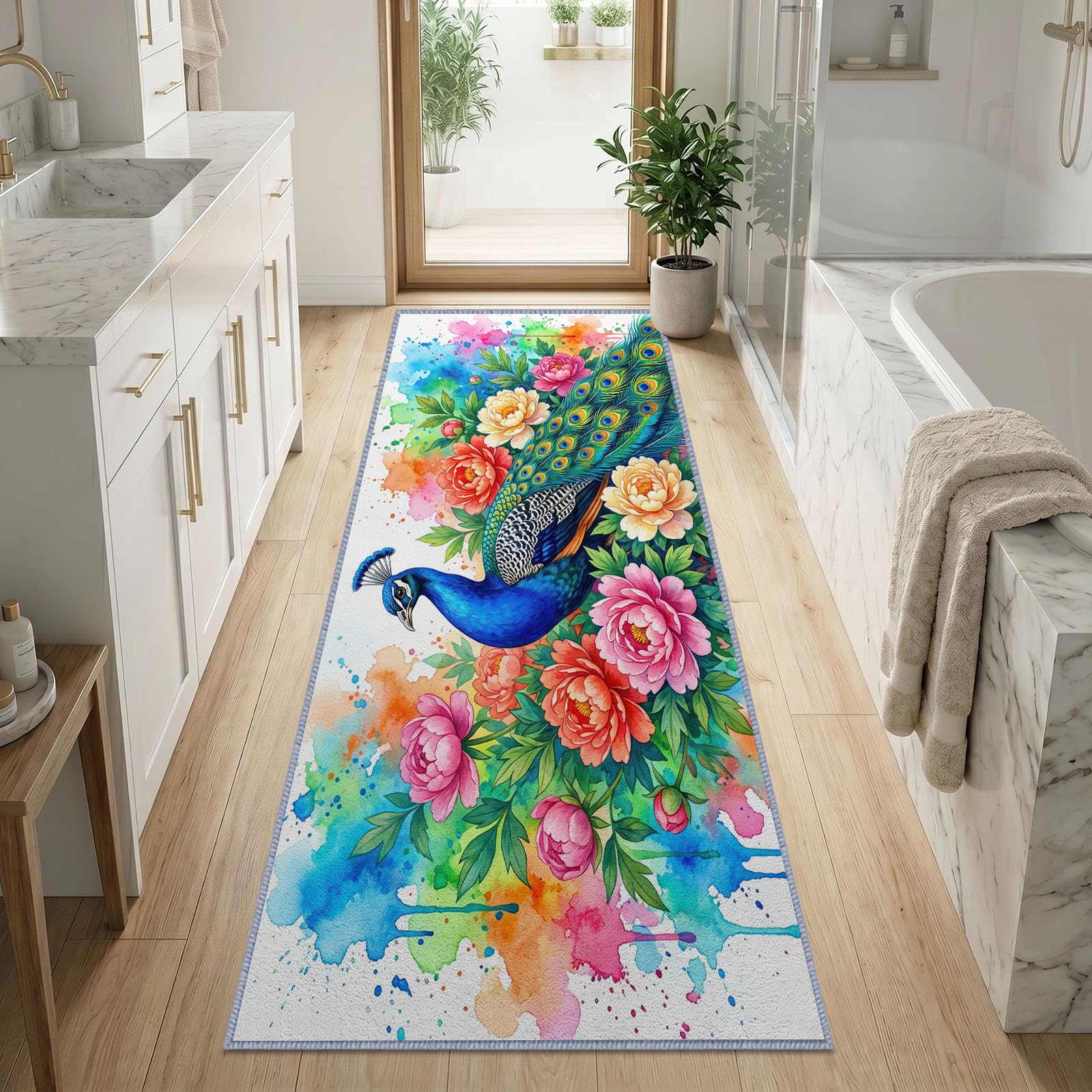 Pavo real azul flores alfombra pasillo lavable a máquina 80x180cm