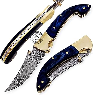 Beautiful Blue Wood 7.25" Damascus Steel Folding Pocket Knife with Brass Bolster, 100% Prime Quality - Knife Knation
