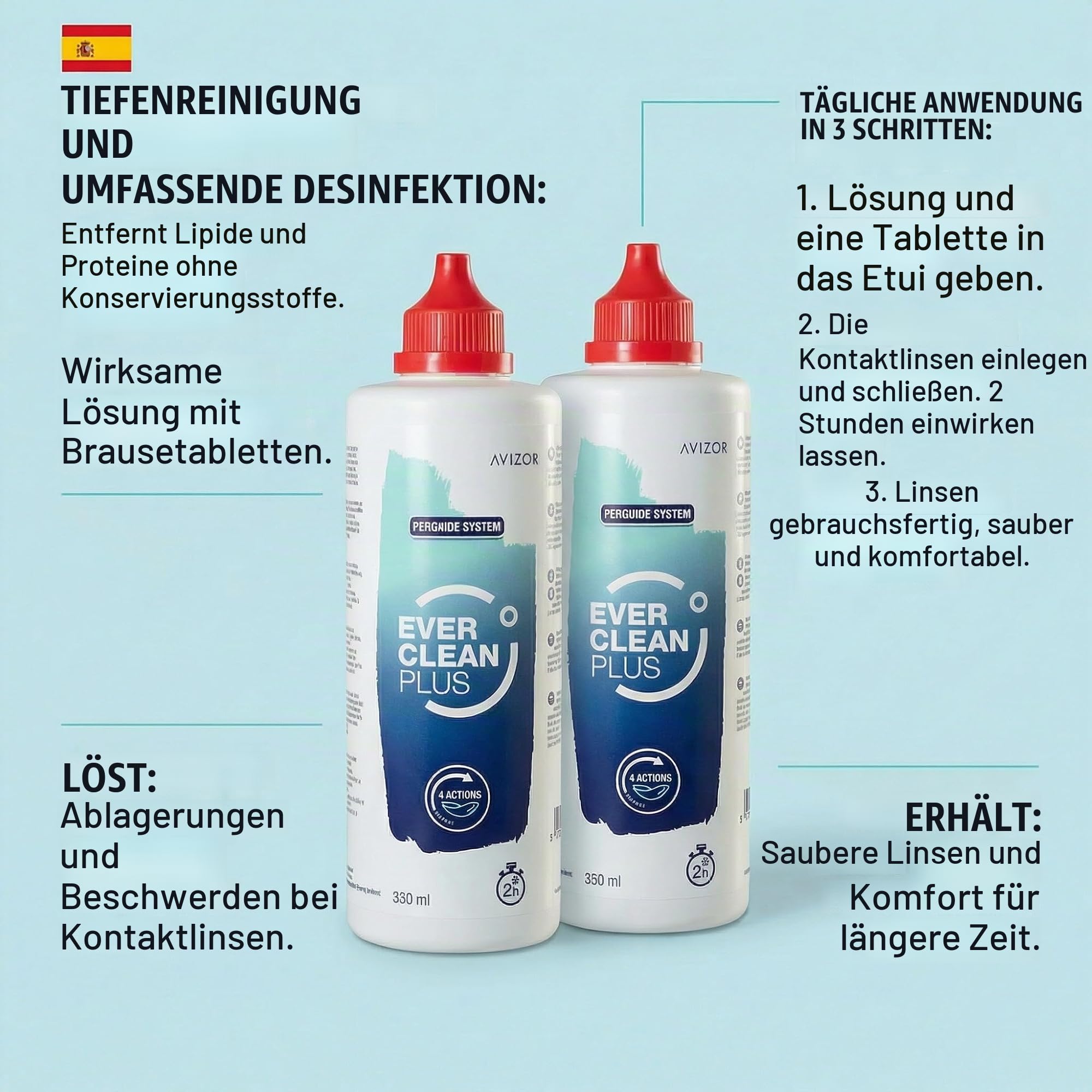 Avizor Ever Clean Plus 4X350 ml + 180 Tabletten - Reinigungs- und Desinfektionslösung für Kontaktlinsen - Entfernt Lipide und Proteine - Ohne Konservierungsstoffe - Sparpackung