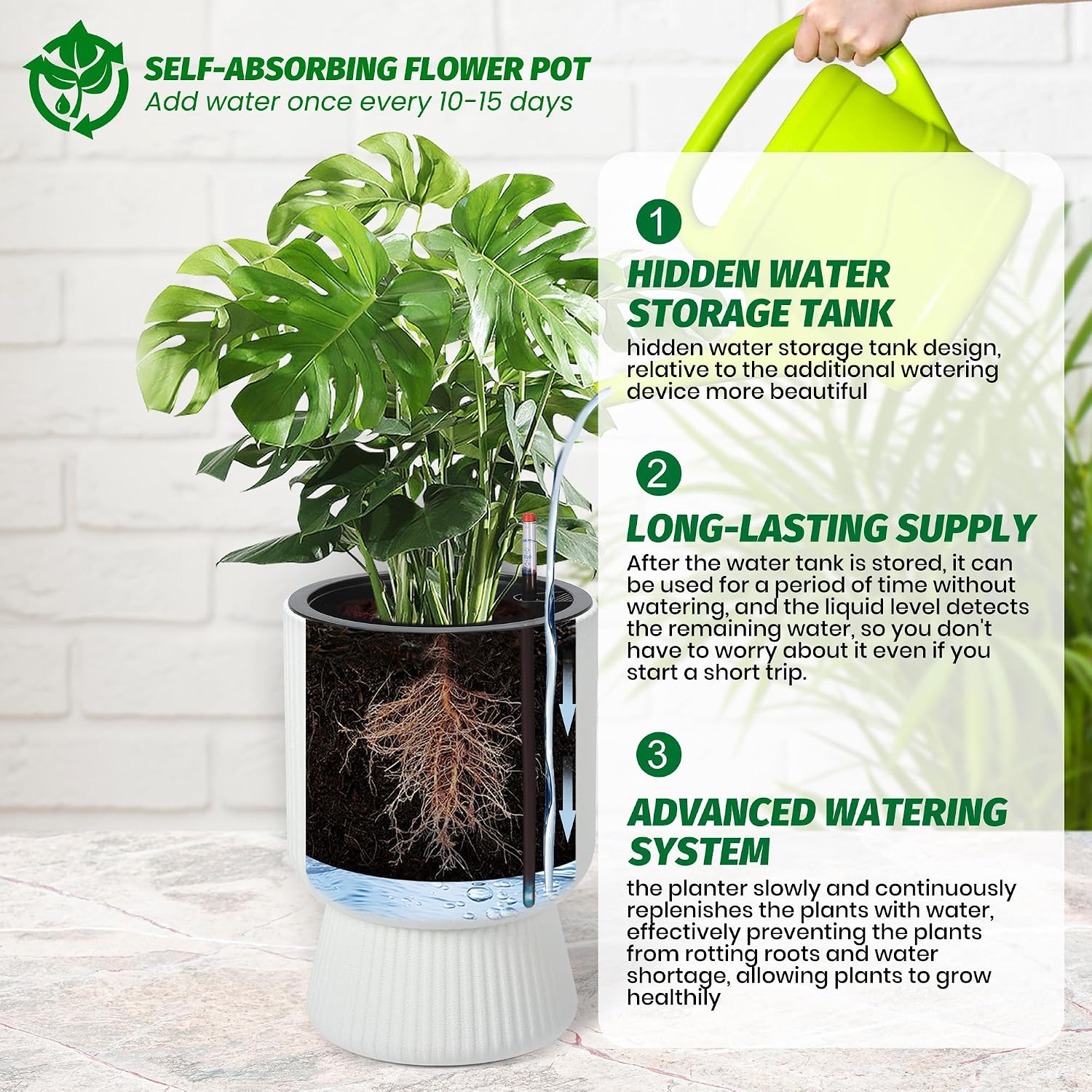 14 Inch Plant Pots, Self Watering Planters Set of 2 with Drainage Holes, Tall planters for Indoor Plants, Flower Pots with Water Level Monitor, for Patio, Porch, Living Room, Home Office, White
