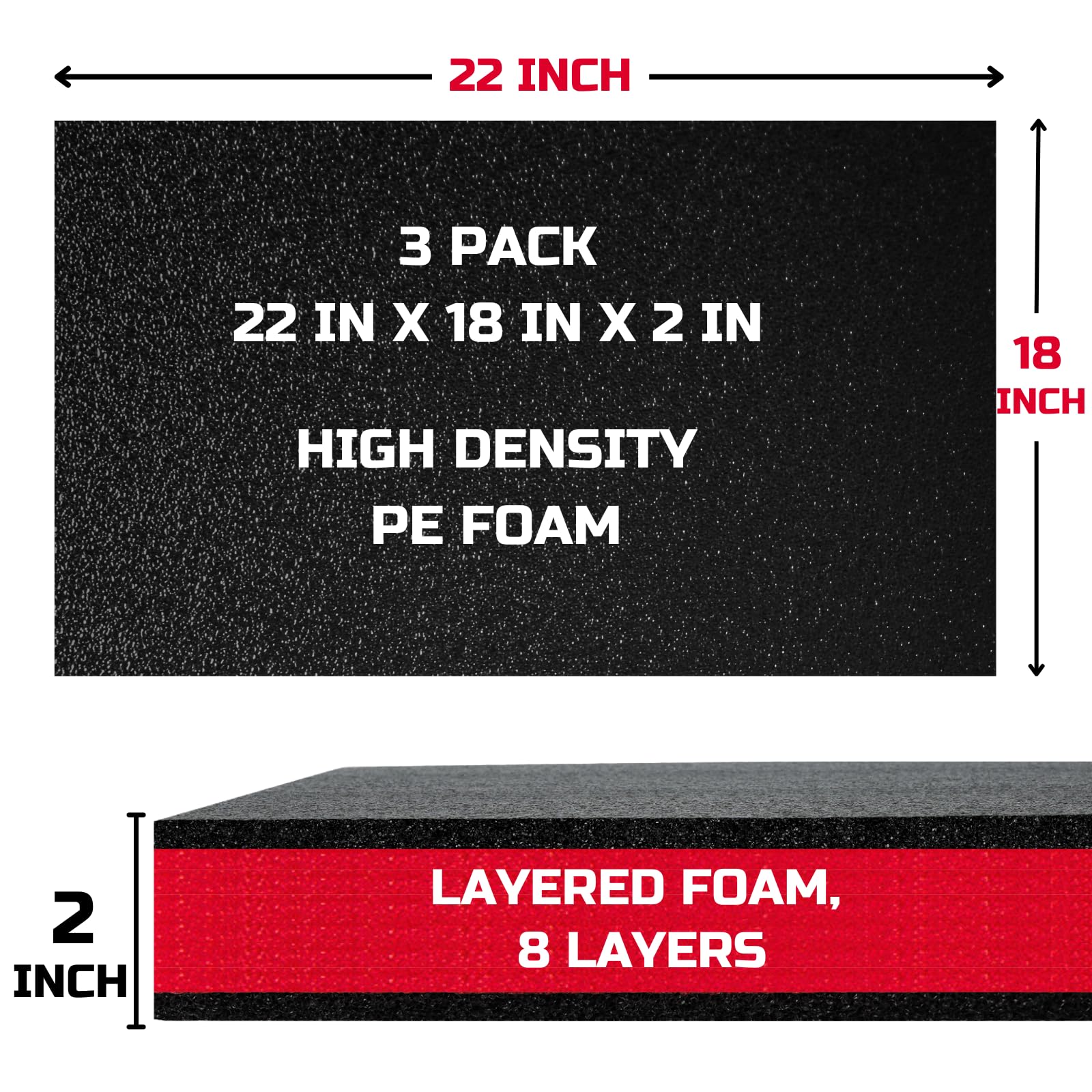 ONREVA Espuma para caja de herramientas, paquete de 3 unidades de 22 x 18 x 2 pulgadas, insertos de espuma para estuches, hojas de almacenamiento de polietileno para caja de herramientas, inserto de