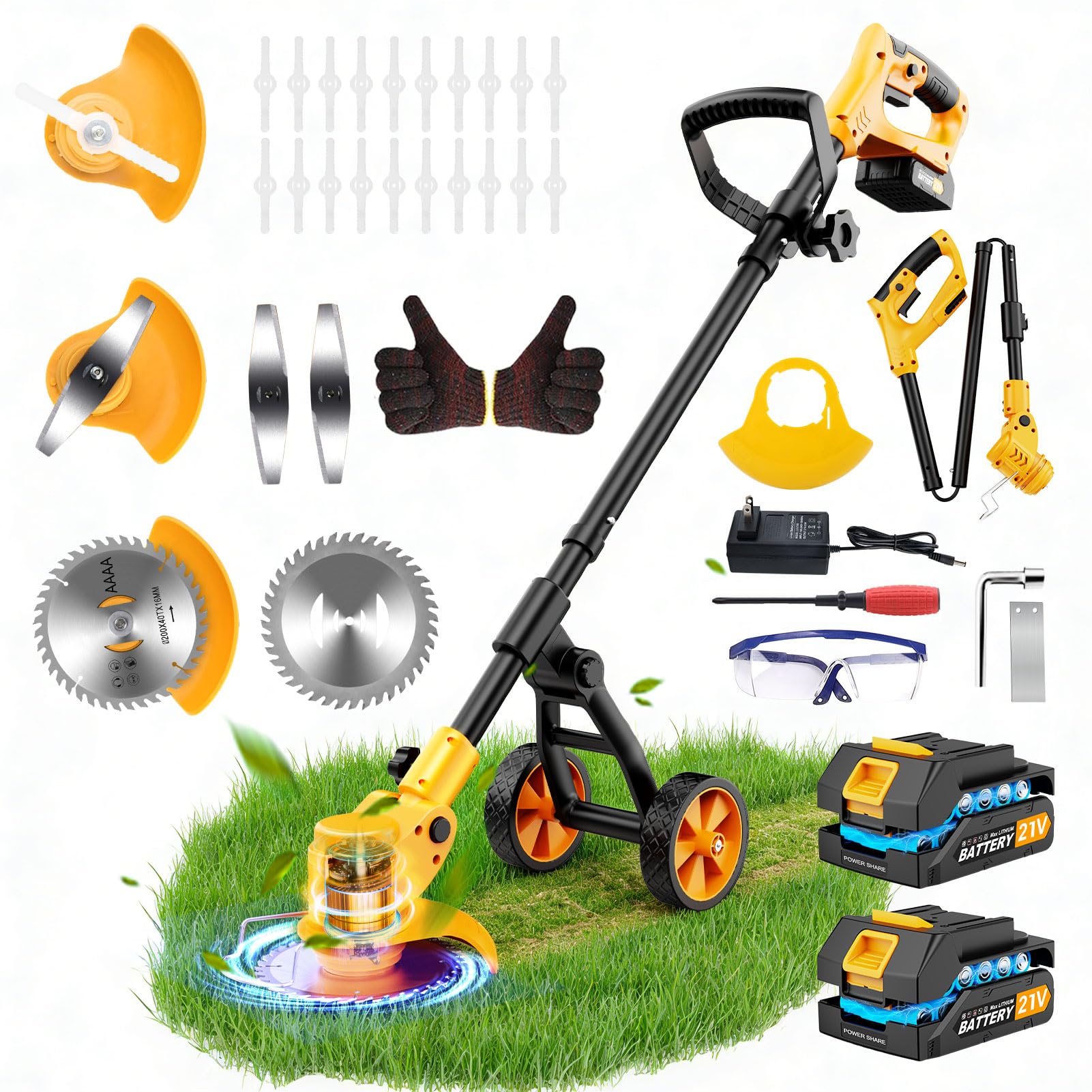 21V Cortabordes inalámbrico, Desbrozadora a Batería Plegable con 2 Baterías de 2.0Ah, Cortabordes Bateria Cargador, Telescópico Cortabordes Electrico 3 en 1 para Césped, Jardín, Patio