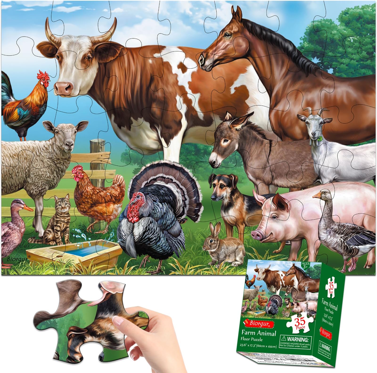 Farm Animals Jumbo Floor Puzzle (35 pcs,2 x 1.45 feet) Large Puzzle for Kids Age 3-5 4-6 4-8 Year Old,Learning Toys for Toddler Children,Educational Toys for Boys and Girls Family Time