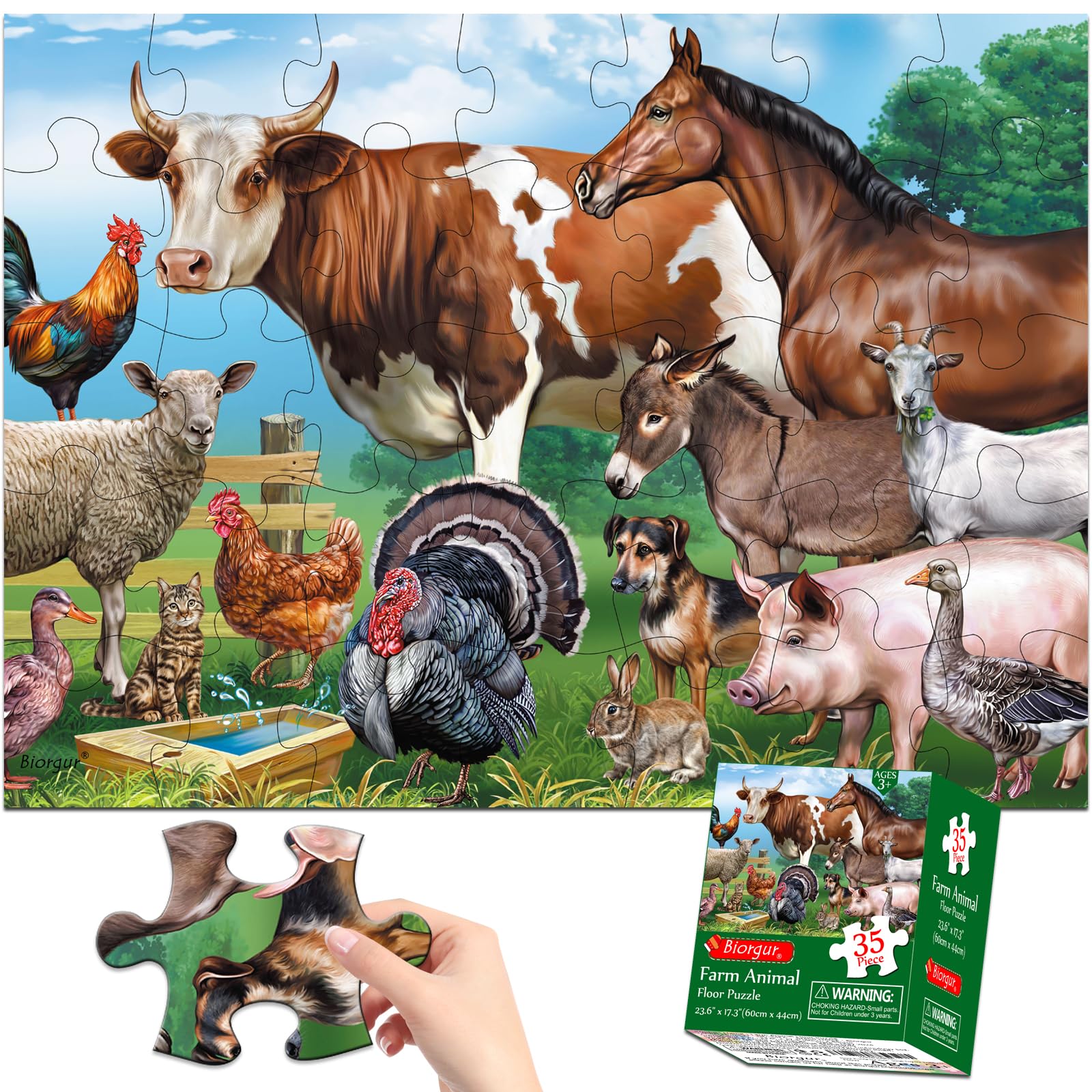 Farm Animals Jumbo Floor Puzzle (35 pcs,2 x 1.45 feet) Large Puzzle for Kids Age 3-5 4-6 4-8 Year Old,Learning Toys for Toddler Children,Educational Toys for Boys and Girls Family Time