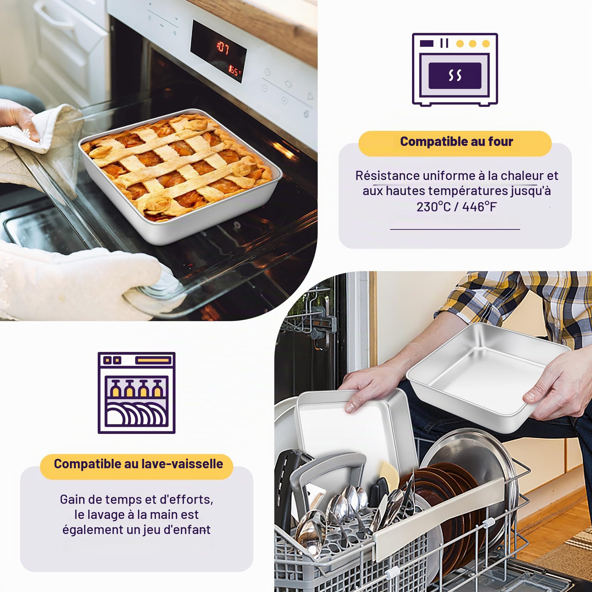 HaWare Lot de 4 plats à gratin carrés, en acier inoxydable, petits, carrés, idéaux pour lasagnes, brownies, gâteaux, sains et passent au lave-vaisselle, 15 x 15 x 5 cm