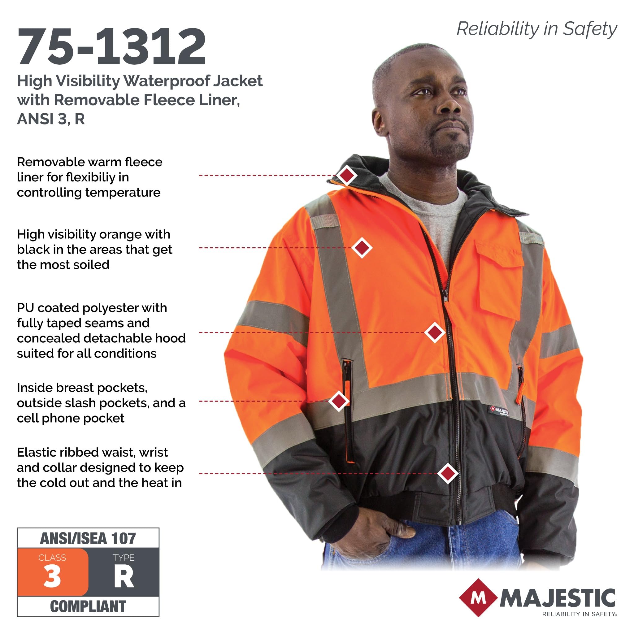 Majestic 75-1312/X5 High Visibility Orange Waterproof Jacket, with
