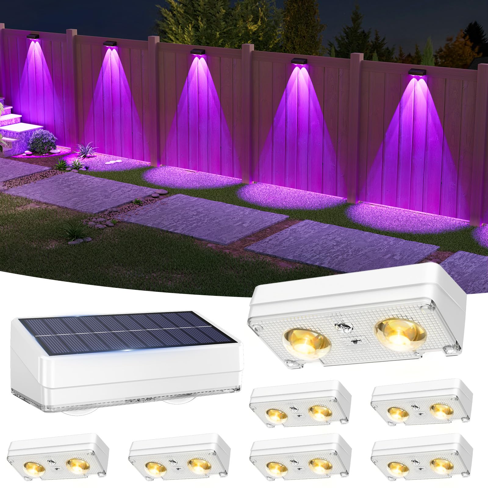 VOLISUN Paquete de 8 luces solares para valla, blanco cálido, blanco frío y color RGB, luces solares LED IP65 impermeables para exteriores, para patio, barandilla, cubierta, valla y pared (blanco)