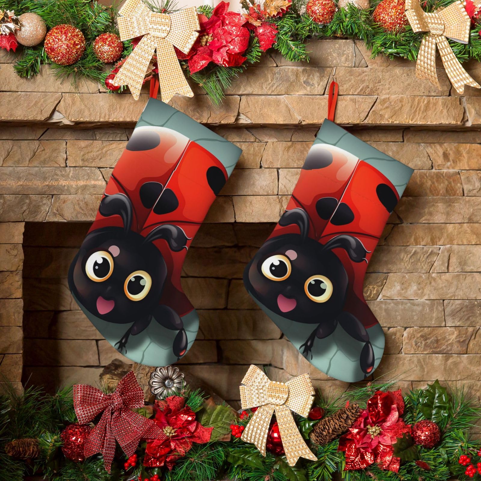 Fodpand Boys Black Cartoon Ladybug Christmas Stockings Hanging Ornaments For Holiday Decor, 18 Inches Velvet Fireplace Hanging Xmas Stocking, Candy Gift Bags For Christmas Decorations