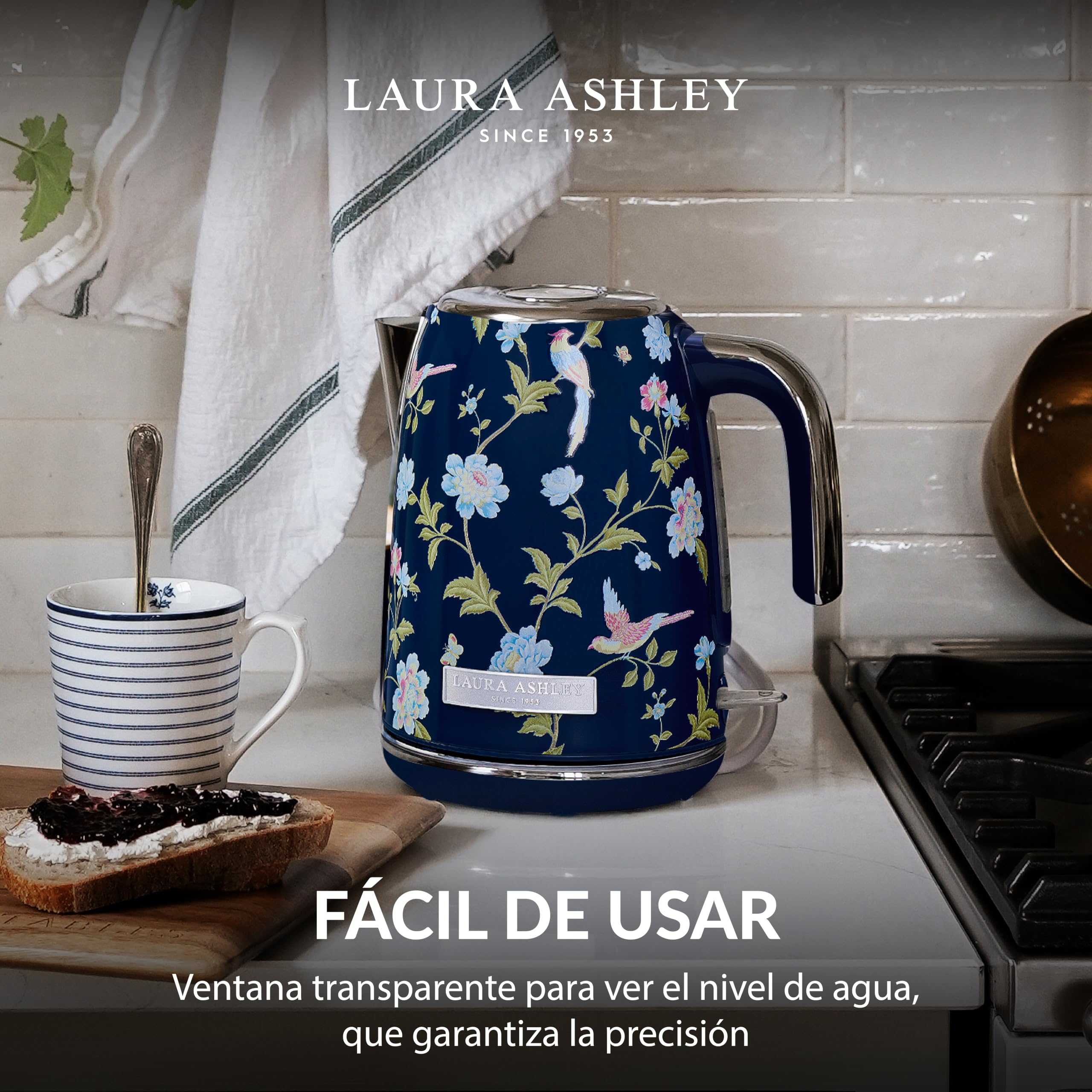 VQ Laura Ashley Elveden Navy Hervidor de Agua Eléctrico 1,7 L | 2,2 kW Ebullición Rápida y Silencioso, Vertido Sin Goteo, Filtro Antical, Eficiente Energéticamente e Indicador de Nivel