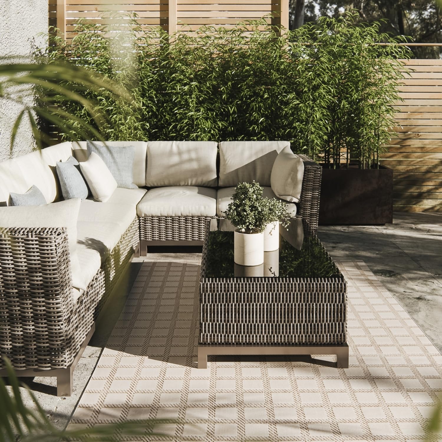 Interiyou Alfombra Exterior Kano - 120x170 cm Crema/Beige - Patrón geométrico - Resistente a los Rayos UV para Exteriores: balcón, terraza, jardín o Cocina - Tejido Plano
