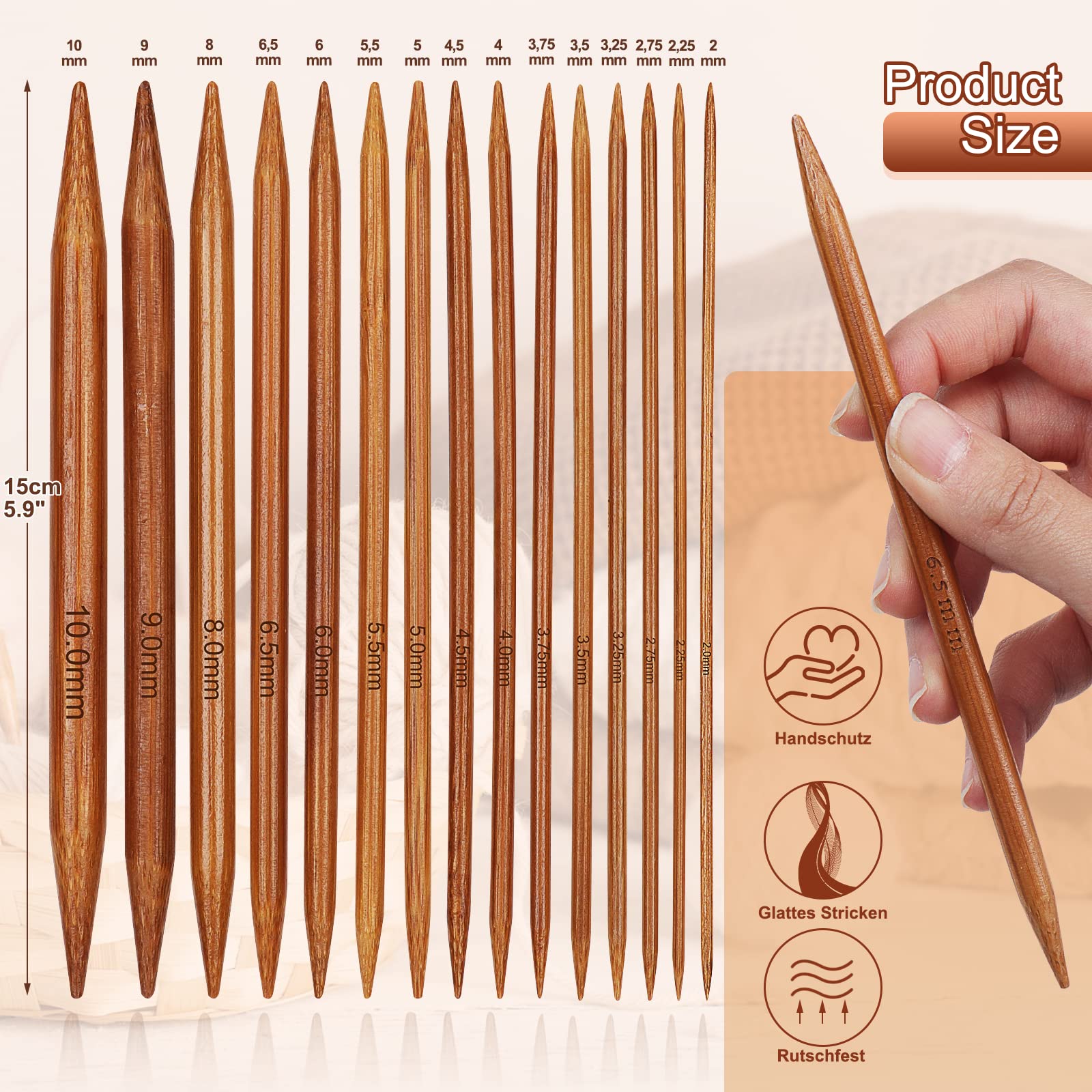 Set di ferri da calza in bambù 75 pezzi, aghi per maglieria carbonizzati a doppia punta per fai da te creativo fai da te, lunghezza 8 pollici 15 misure (2.0mm -10.0mm
